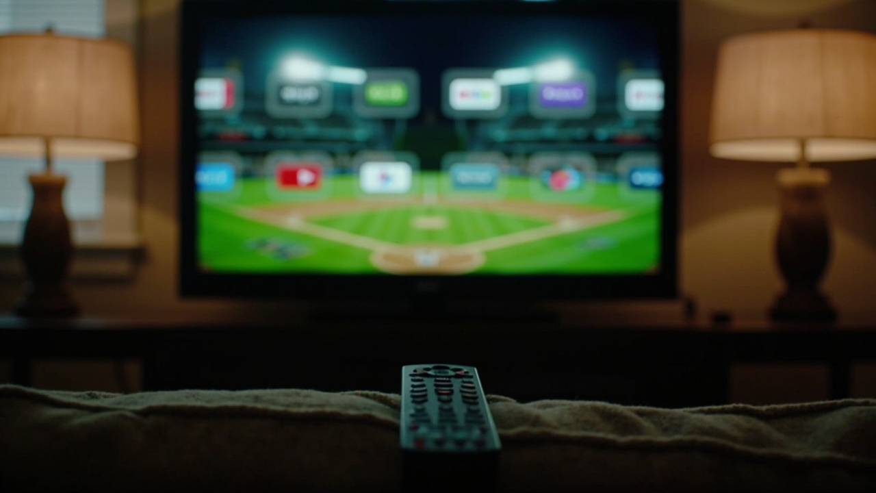 Split-screen television showing multiple streaming app icons overlaid on a baseball diamond, remote control in foreground on a living room couch