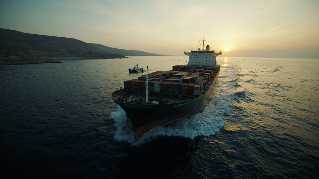 Cargo vessel passing through the narrow Strait of Hormuz at dusk, Iranian coastline visible, with a small patrol boat alongside