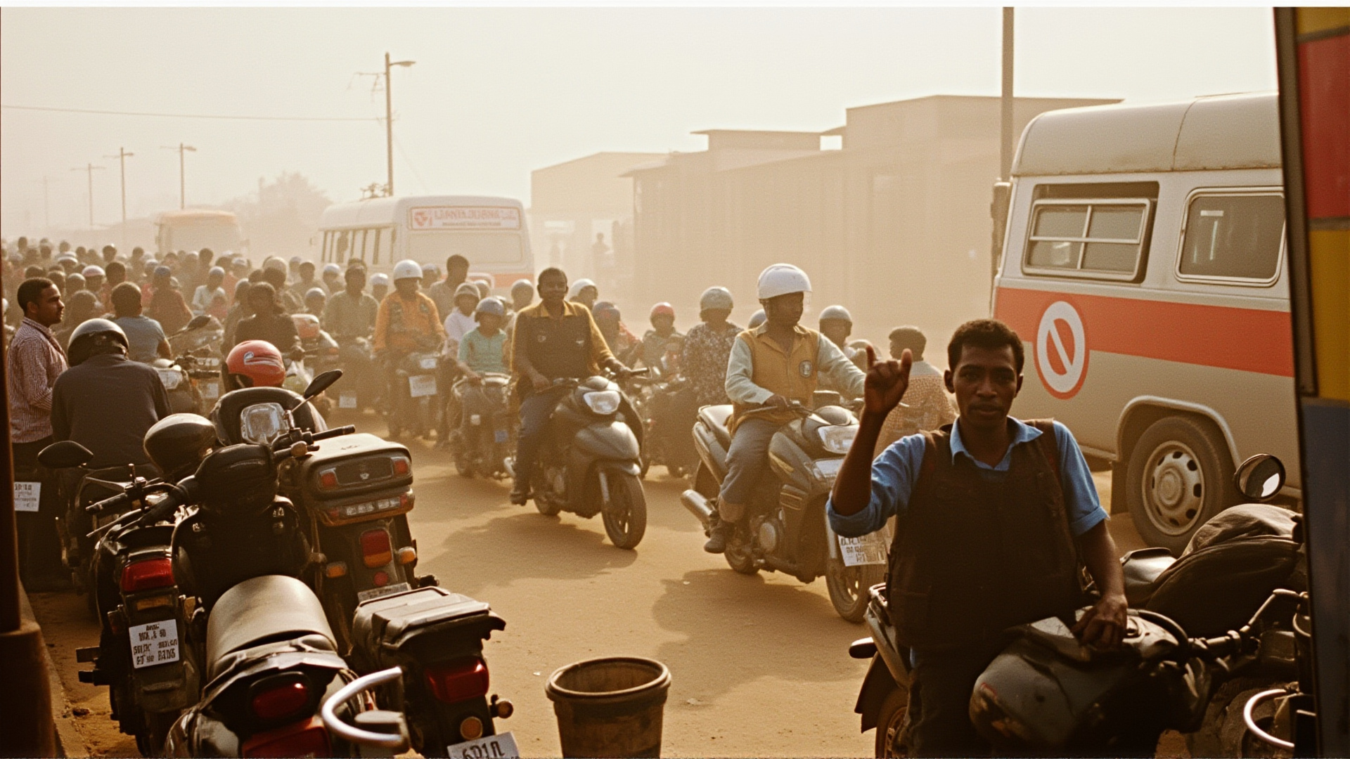 A long queue of motorcycles and matatus at a Kenyan petrol station, attendant holding up a hand to signal empty pumps, dust and heat haze