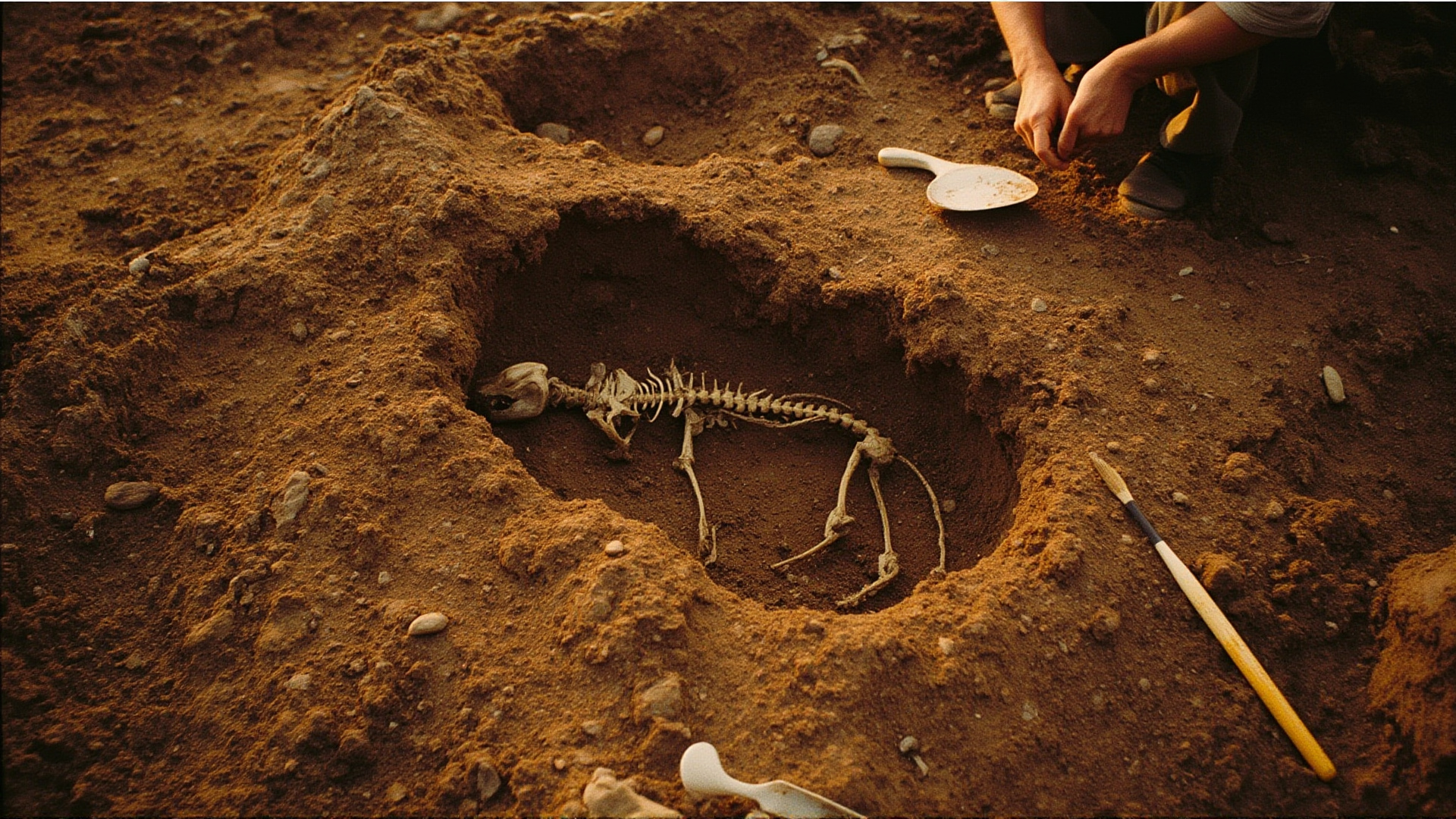 An archaeological dig site with a canine skeleton carefully exposed in earth, brushes and tools nearby, warm golden light, scientific fieldwork