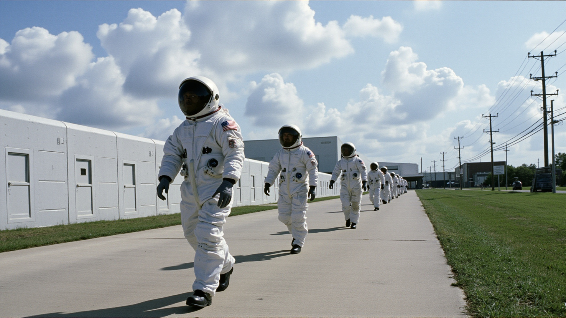 Astronauts in NASA jumpsuits walking toward a quarantine facility, Kennedy Space Center in background, clear sky, anticipation
