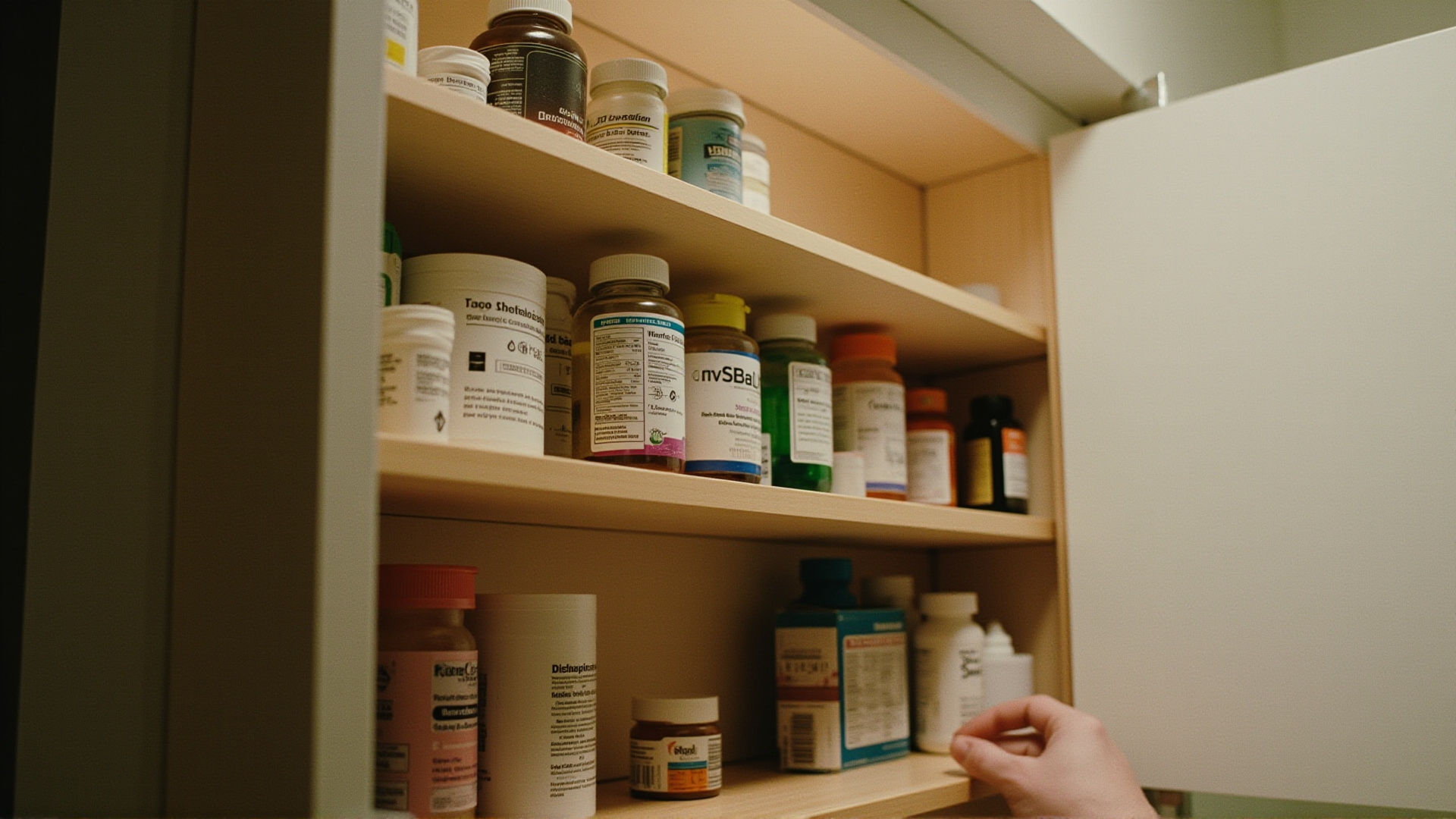 A medicine cabinet slightly ajar showing rows of over-the-counter medications, a hand reaching for a pink bottle, soft bathroom light