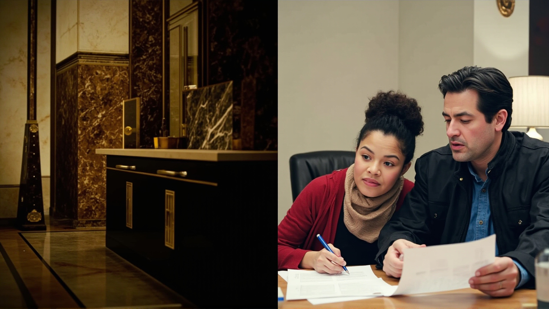 A split scene: polished Wall Street lobby with marble and brass on one side, a suburban couple reviewing mortgage documents at a kitchen table on the other