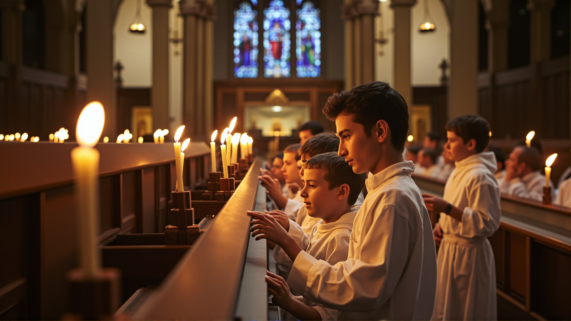 Church interior during Easter vigil preparation, rows of white-robed catechumens, candlelight flickering, stained glass in background, intimate and warm