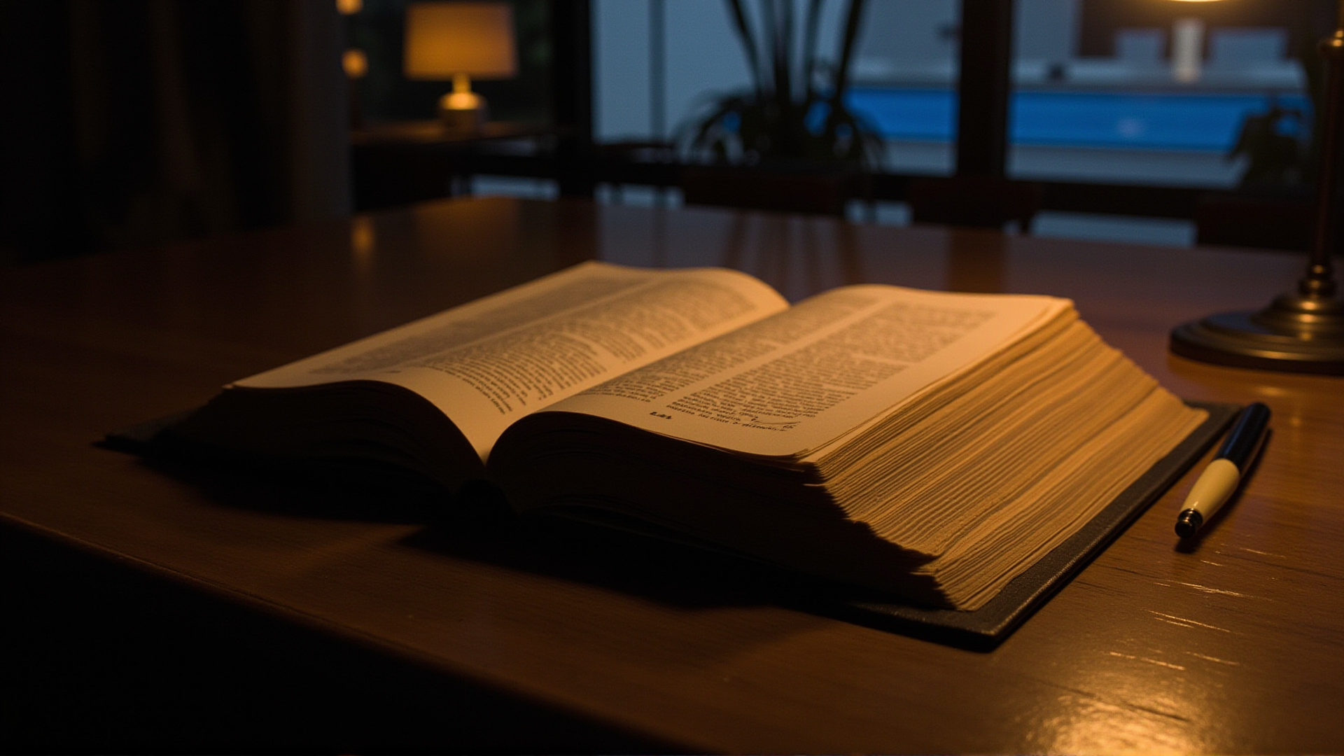 A leather-bound book open on a wooden desk, fountain pen beside it, warm lamplight, a faint silhouette of a TV studio visible through a window behind