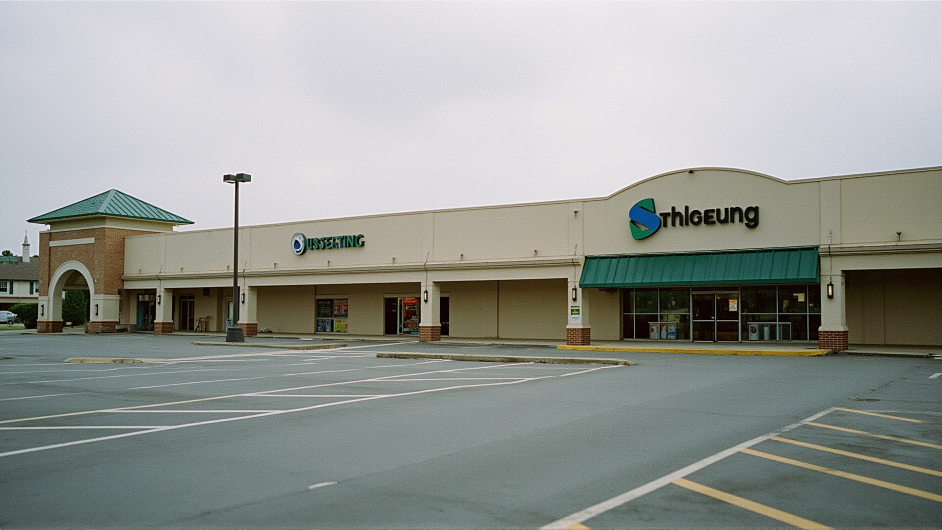 A suburban shopping center parking lot half empty, store signs visible, overcast midday, commercial quietness