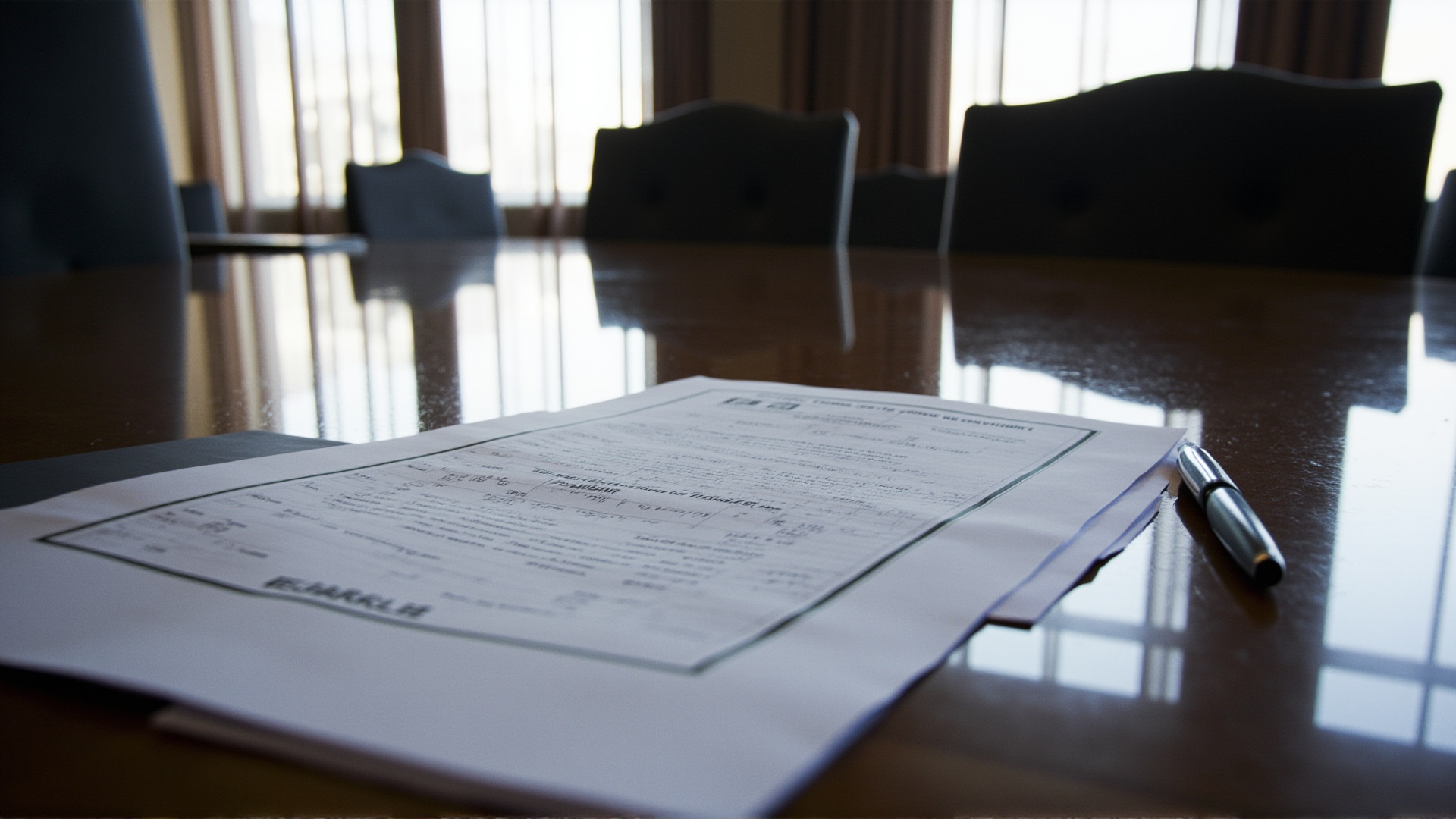 A diplomatic document on a conference table, pen beside it, empty chairs, diffused light through curtains