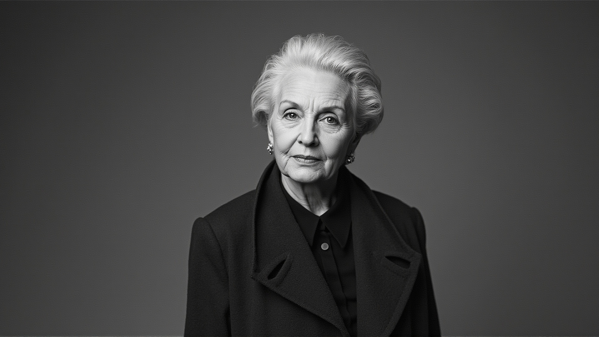 An elegant silver-haired woman in a structured coat, standing against a neutral backdrop, poised and direct, shot in dramatic black and white