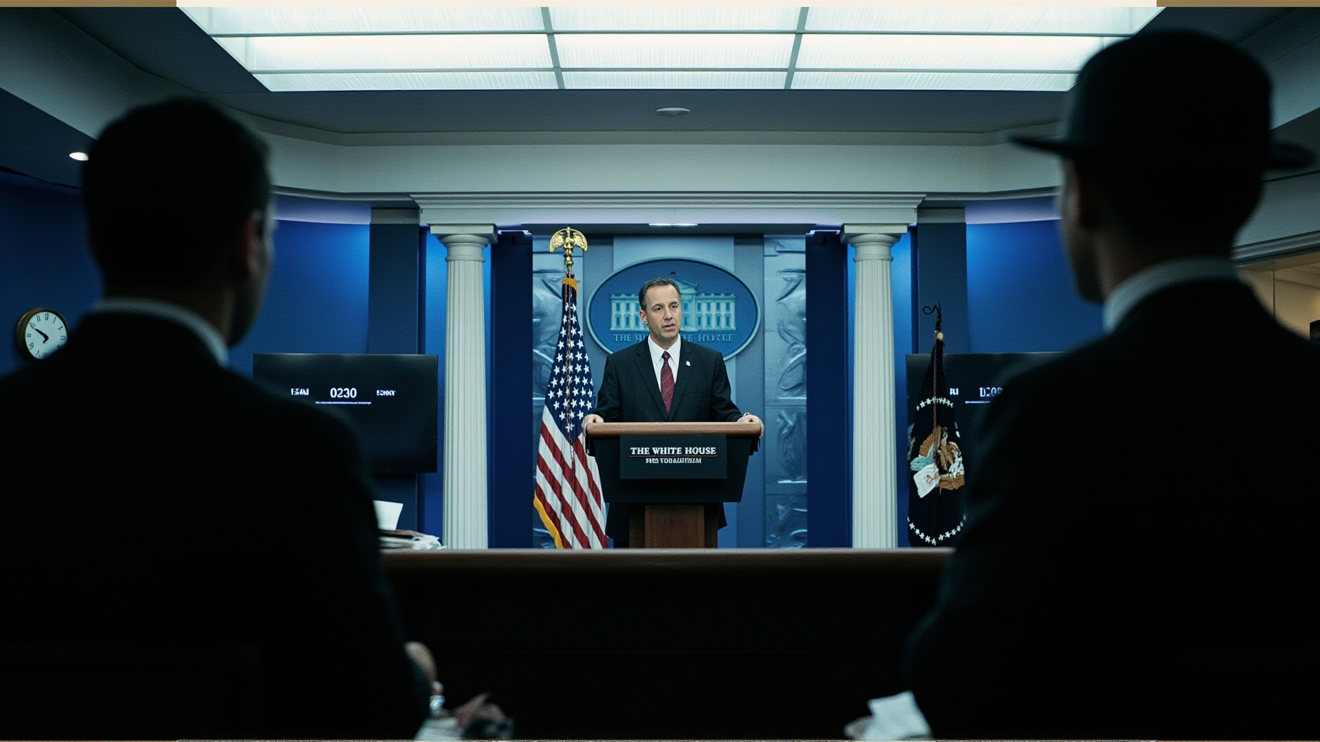 A White House press briefing podium with an empty lectern, clocks on the wall showing different times, papers scattered, harsh fluorescent light