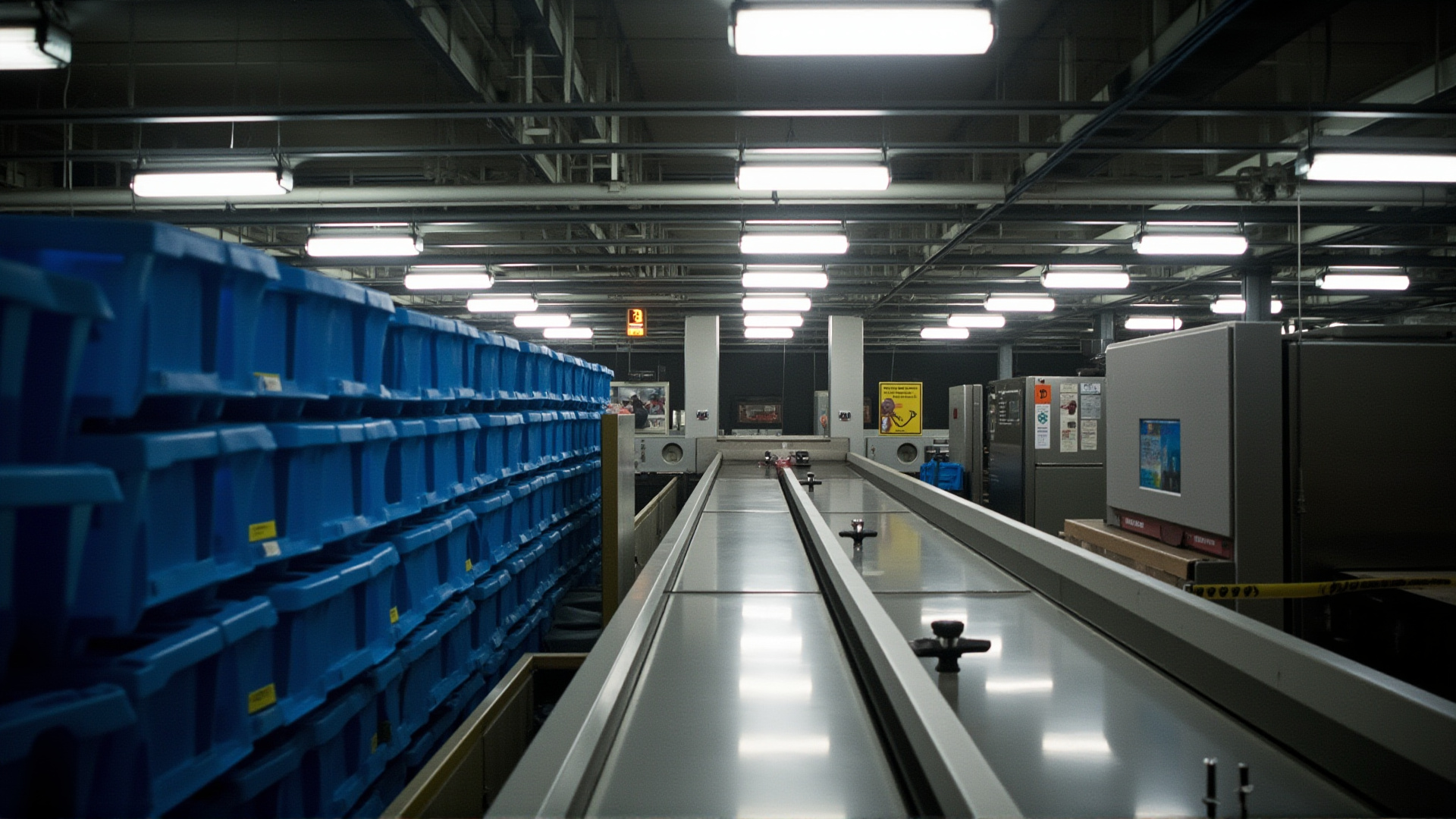 An empty TSA screening lane at a major airport, blue bins stacked, conveyor belt still, fluorescent lights overhead, no agents visible
