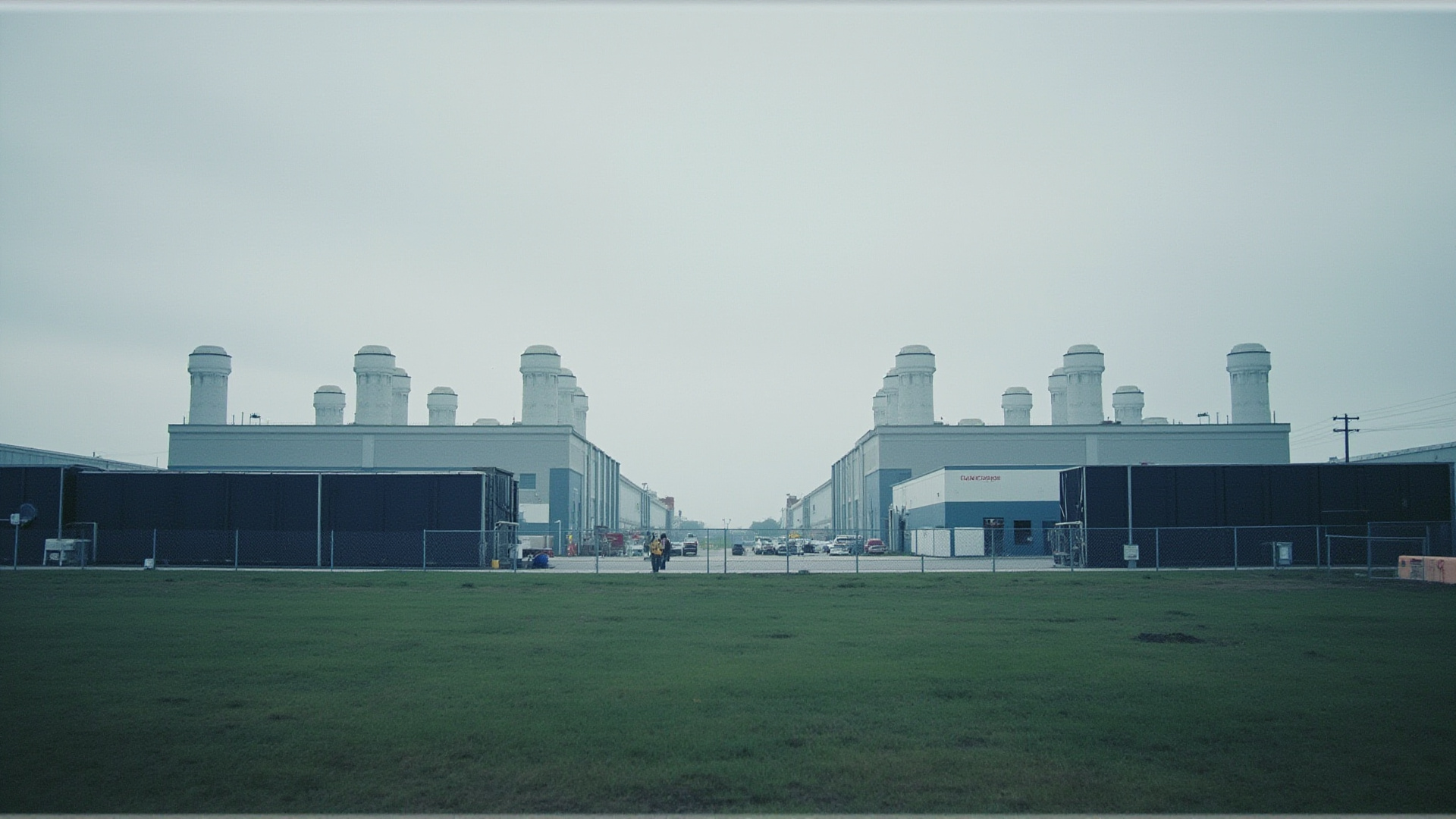 A massive data center exterior, cooling towers and server buildings stretching to the horizon, industrial scale, overcast sky