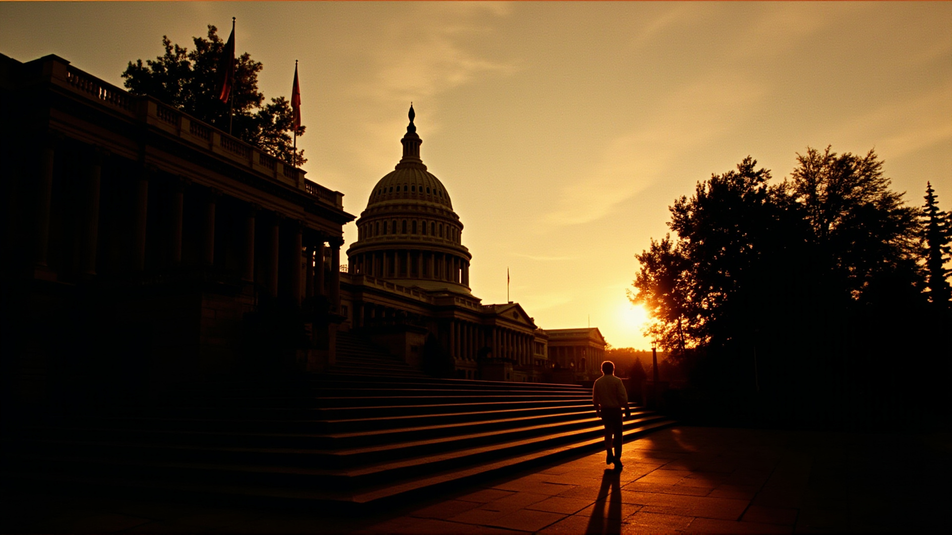 The U.S. Capitol building at dusk, flags at half-staff, amber sky, long shadows on the steps, solitary figure walking toward the entrance