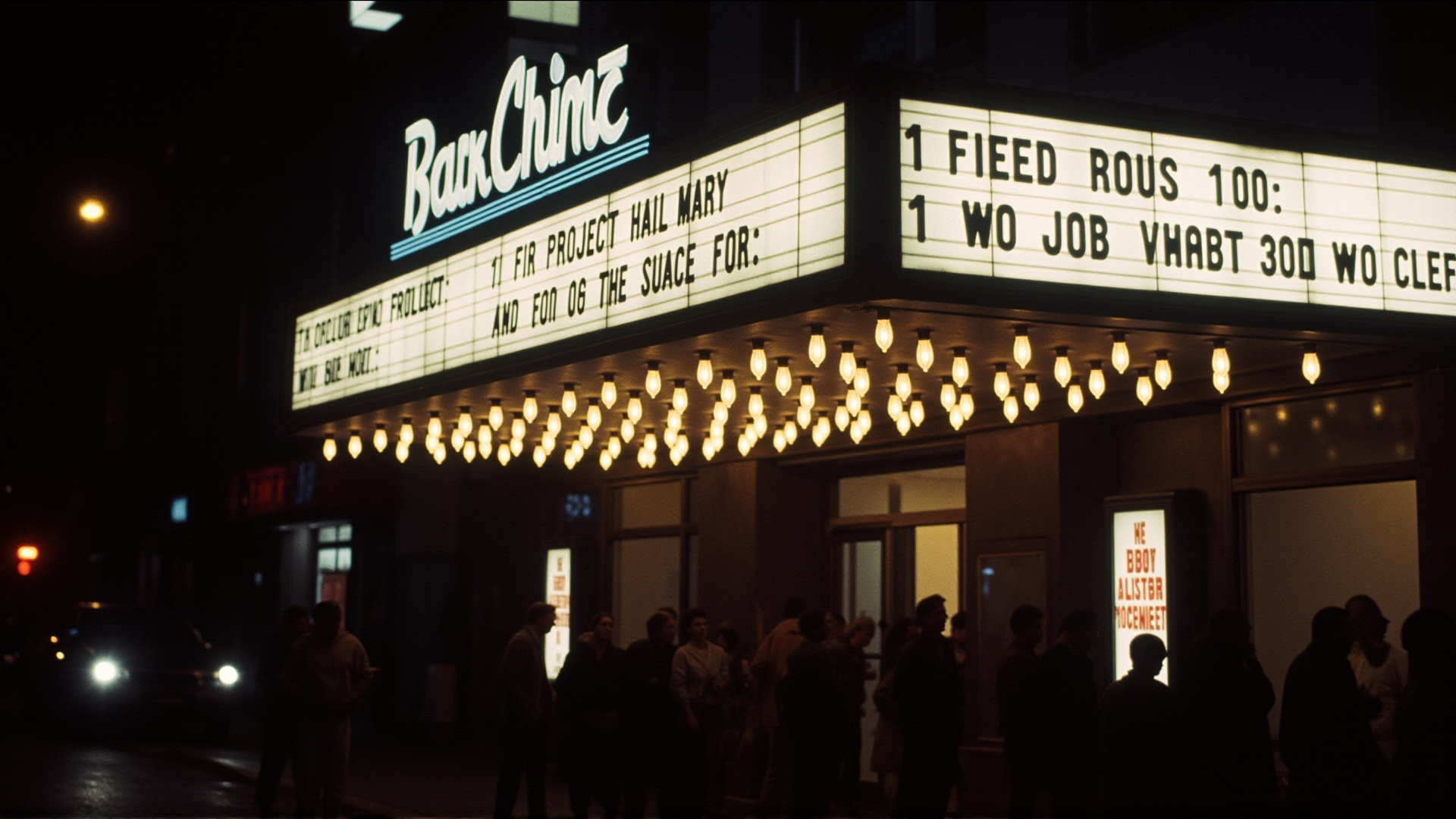 A movie theater marquee at night showing 'Project Hail Mary,' warm glow of lobby lights, a line of moviegoers