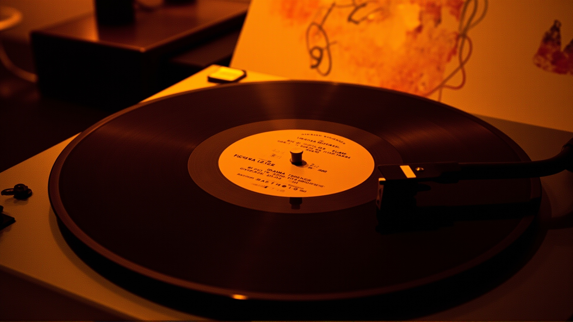 A vinyl record on a turntable, warm amber light, album artwork partially visible, intimate music listening scene