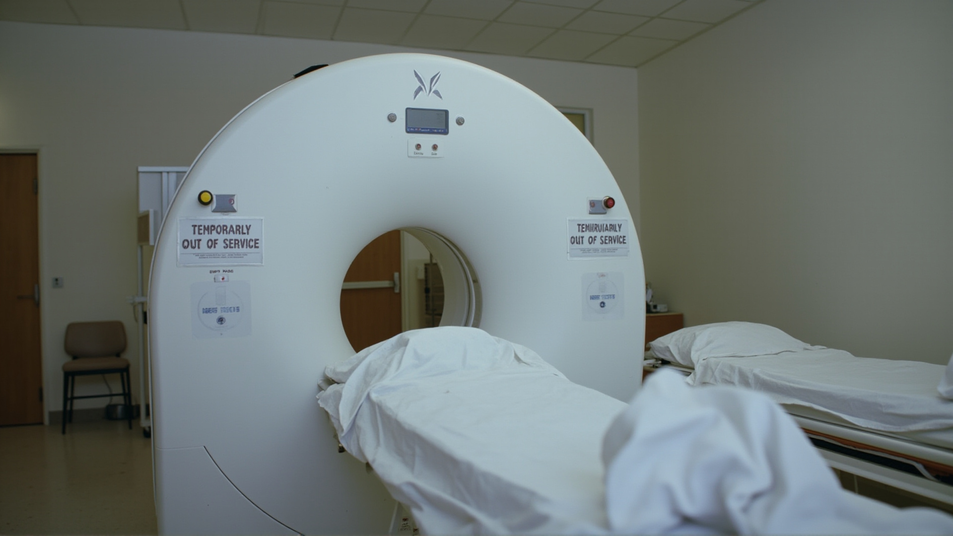 An MRI machine in a hospital room with a 'temporarily out of service' sign, clinical interior, empty patient bed