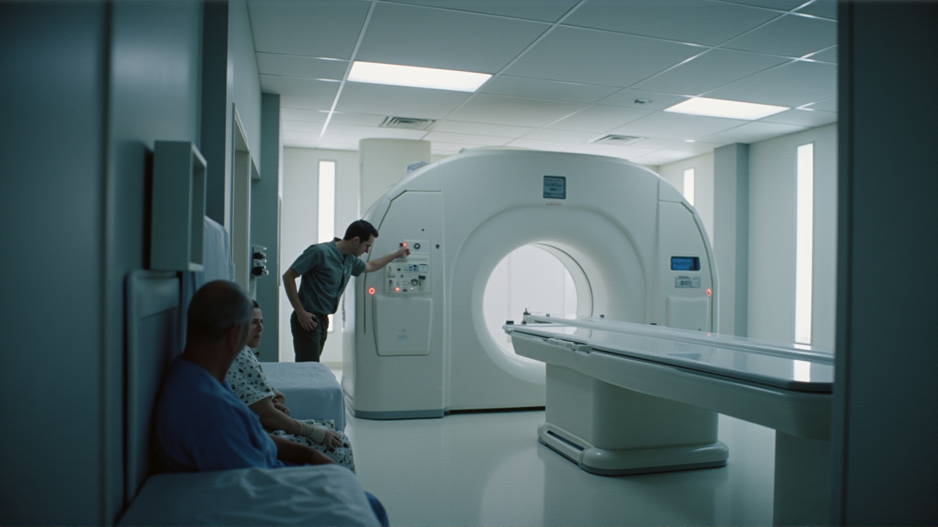 An MRI machine in a hospital room, a technician checking a gauge panel, fluorescent light, clinical white and grey, one patient waiting in a gown