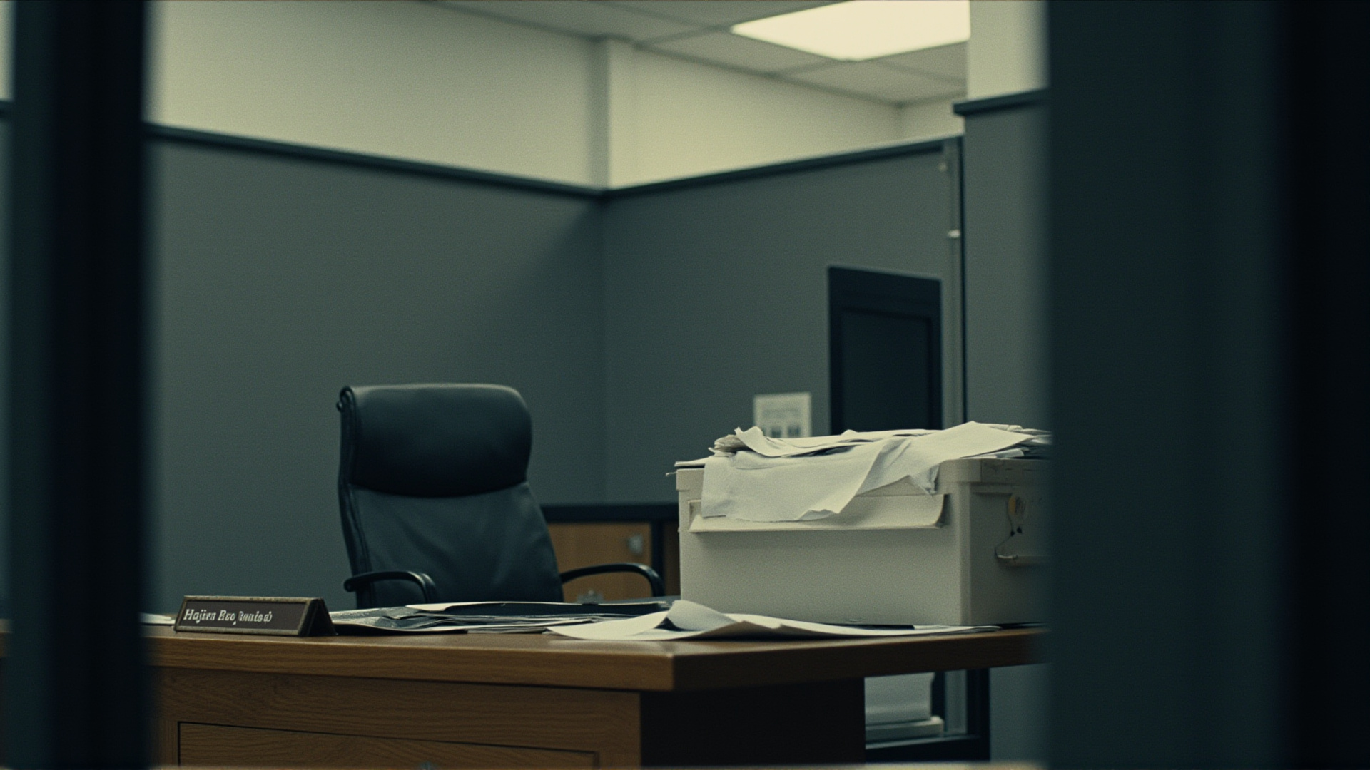 An empty government office with a nameplate on the desk, chair pushed back, inbox overflowing with papers, fluorescent light, institutional grey walls