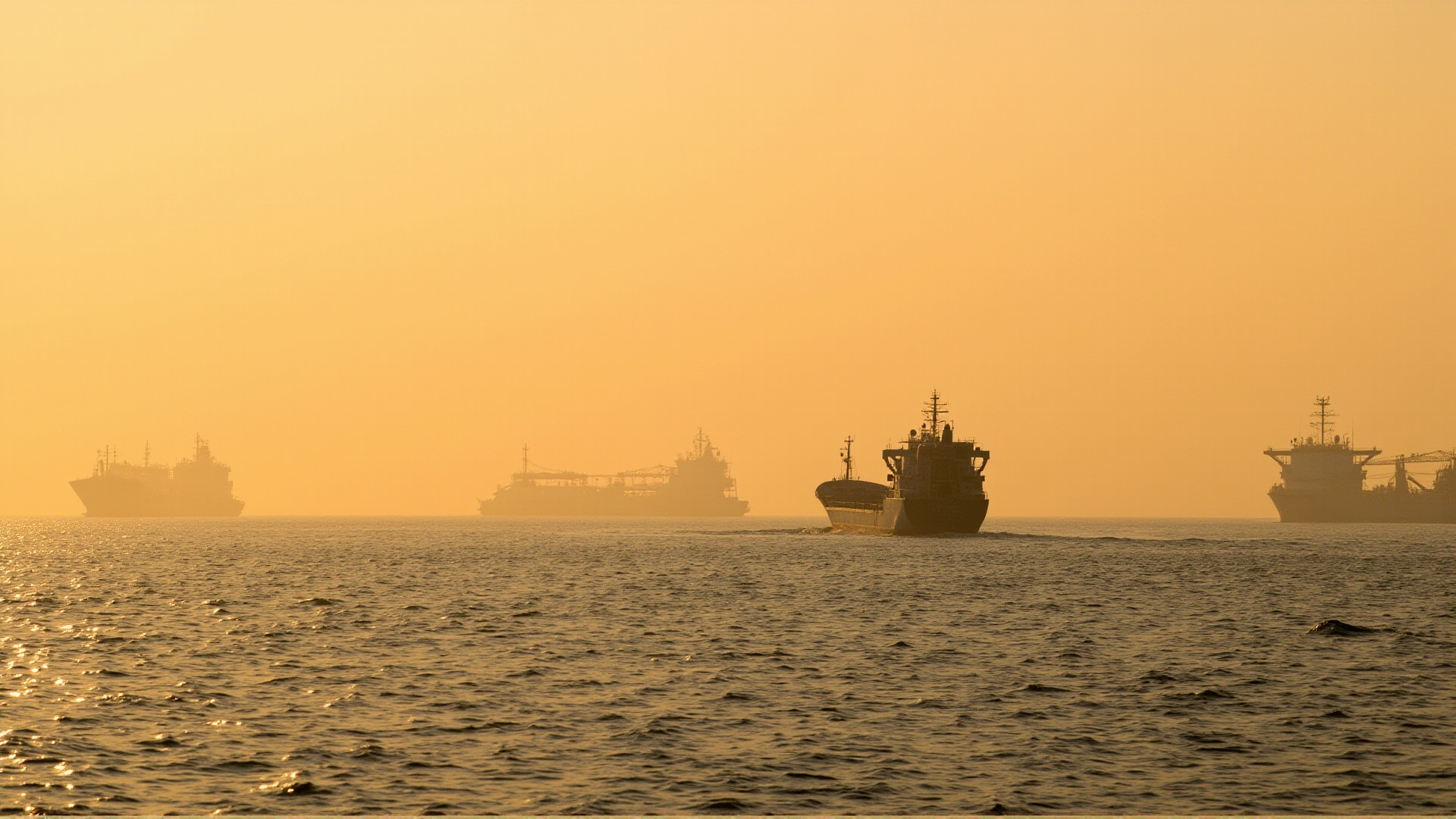 A lone cargo vessel passing through the Strait of Hormuz, with other ships anchored and waiting in the distance, hazy orange light over calm water