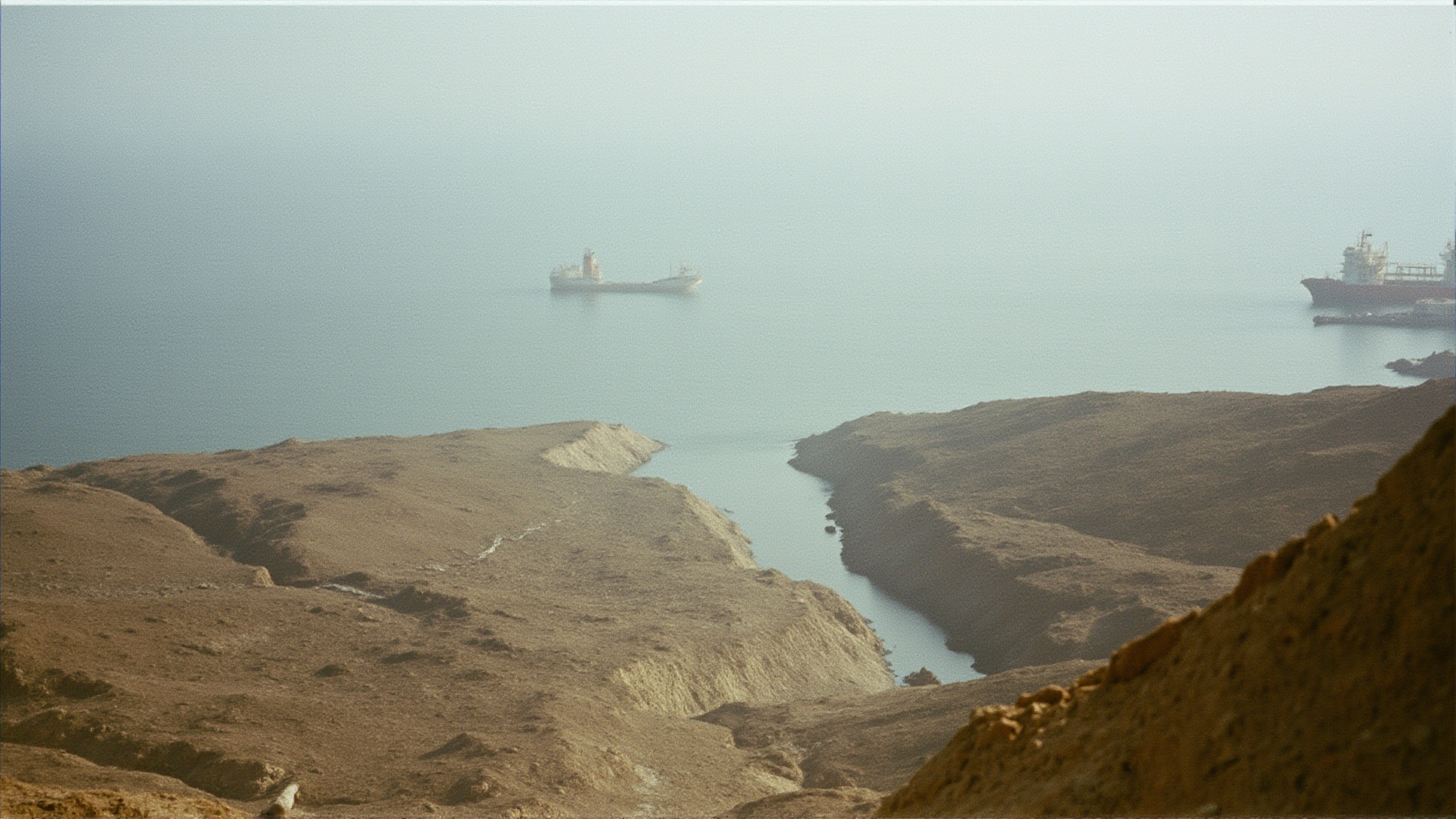 A narrow strait viewed from above, cargo ships visible in the distance, arid coastline on both sides, hazy atmosphere