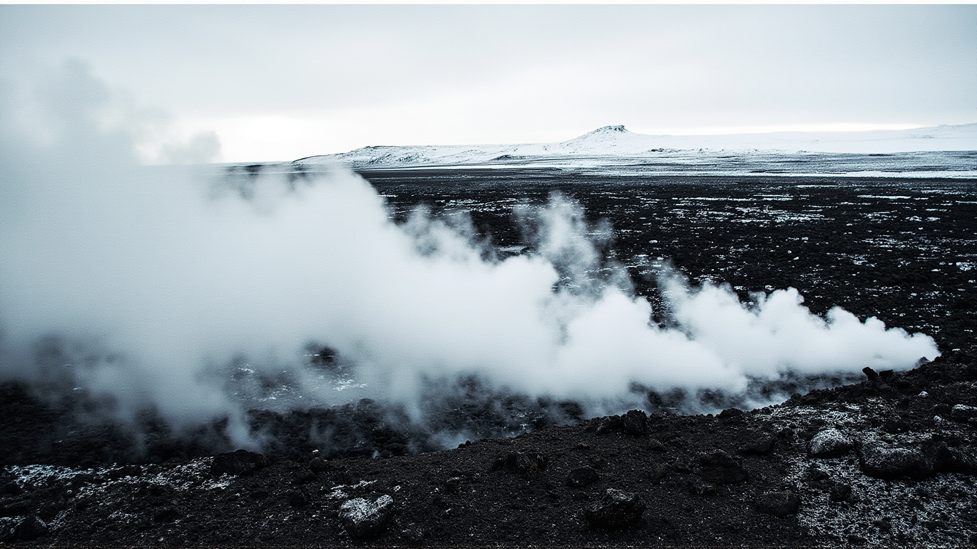 A barren Icelandic landscape with steam vents rising from volcanic terrain, overcast sky, snow-dusted lava fields, geological tension