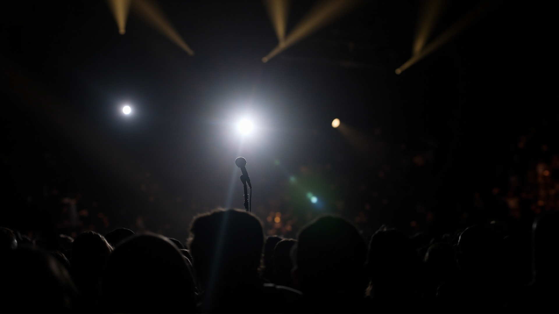 An awards show stage with spotlights, an empty microphone stand center stage, audience in silhouette, entertainment spectacle