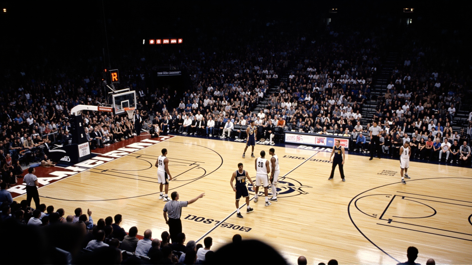 A basketball court from above, five players on one side and only four on the other, referees pointing, crowd in background, arena lighting