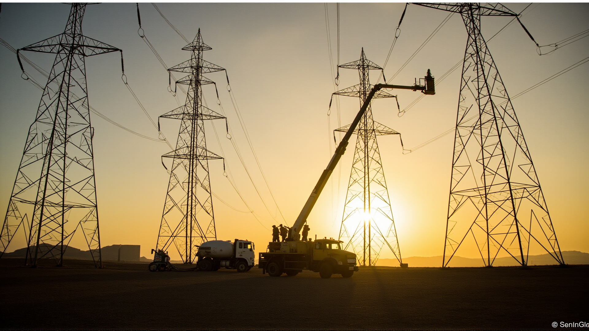 Electrical transmission towers against a desert sunset, repair crews visible on a cherry picker, utility trucks parked below