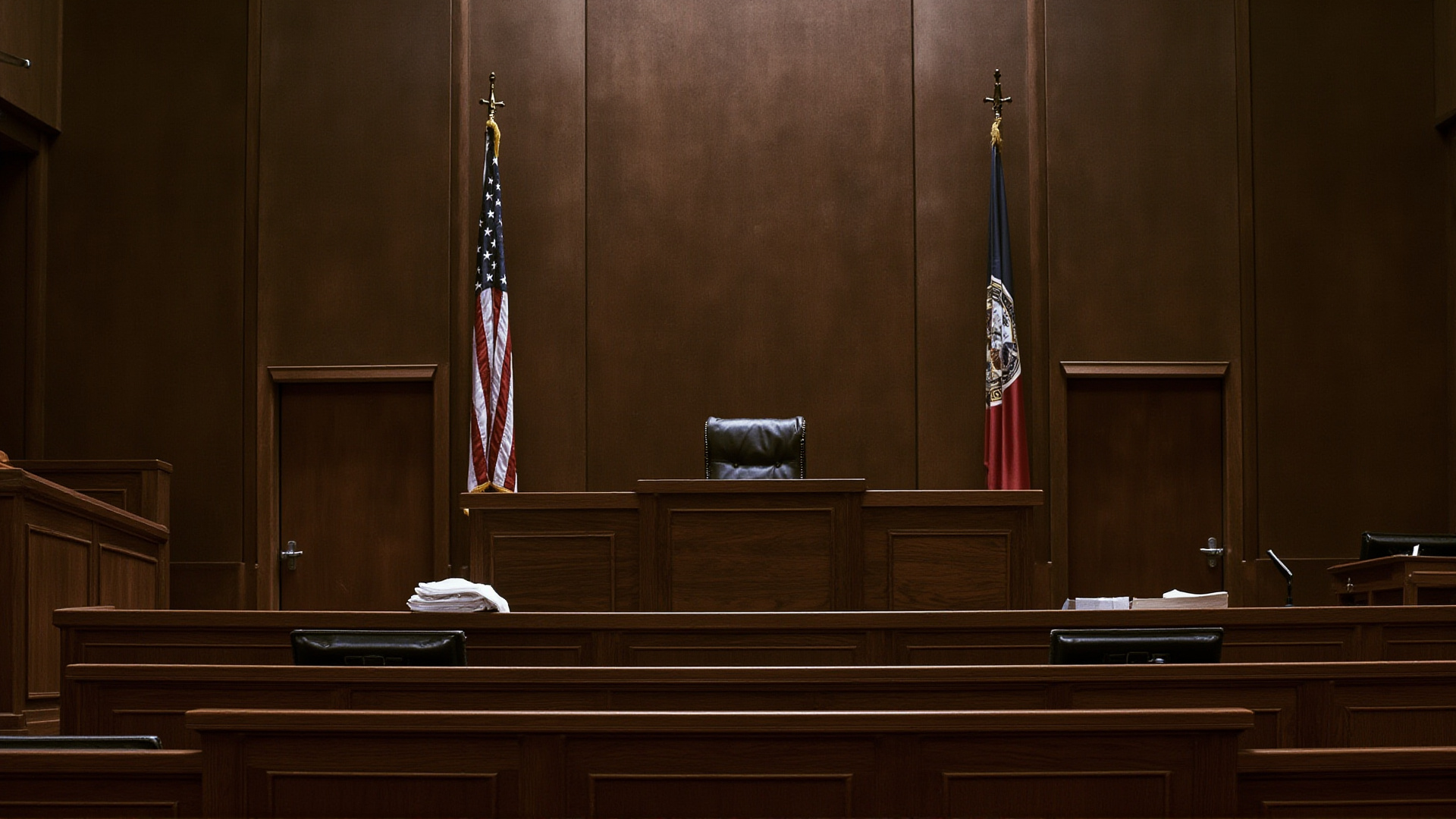 A federal courtroom interior, empty bench, American flag beside the judge's seat, wood paneling, solemn institutional atmosphere