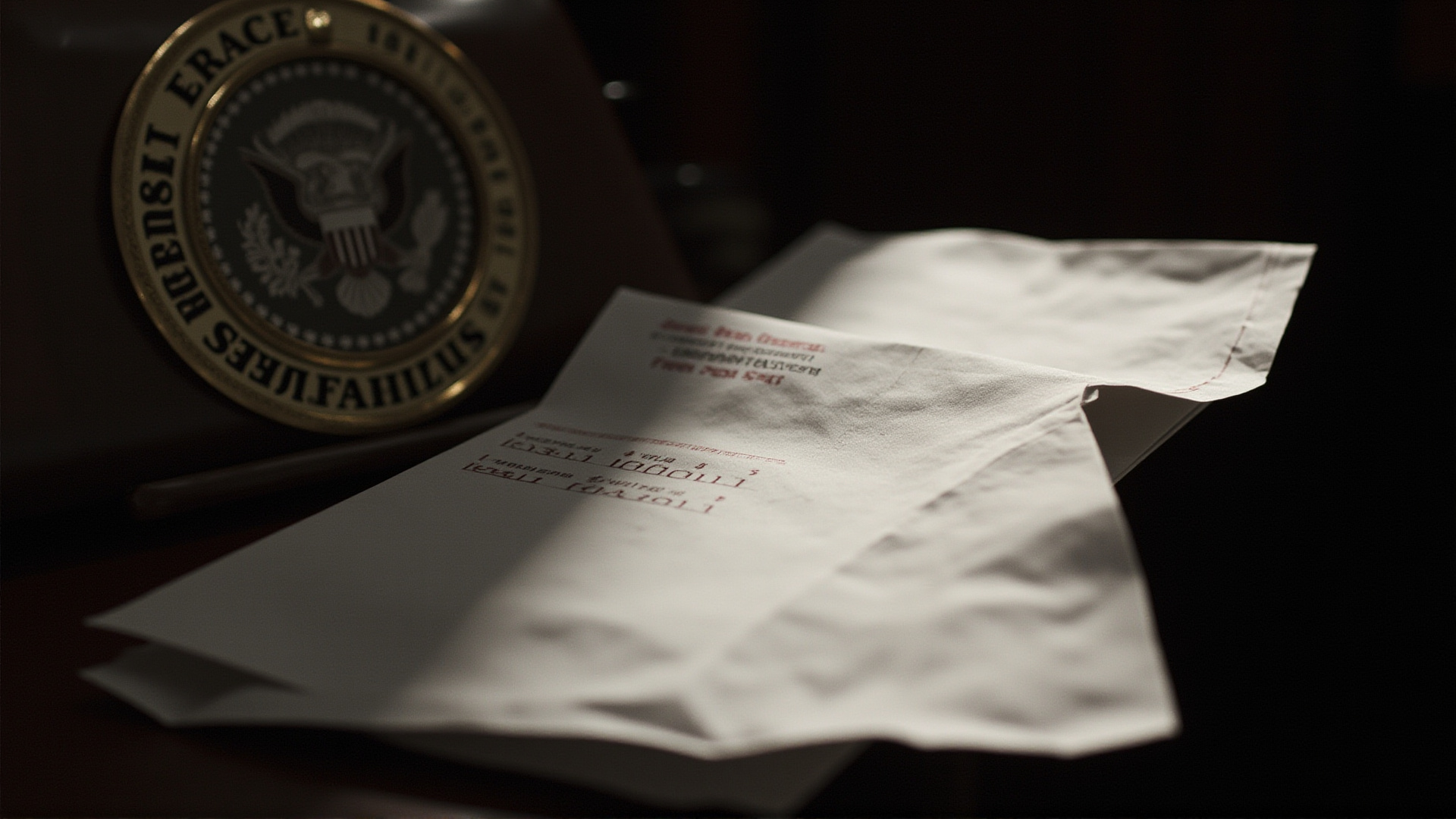 A mail ballot envelope on a desk next to a presidential seal, harsh overhead light, bureaucratic setting