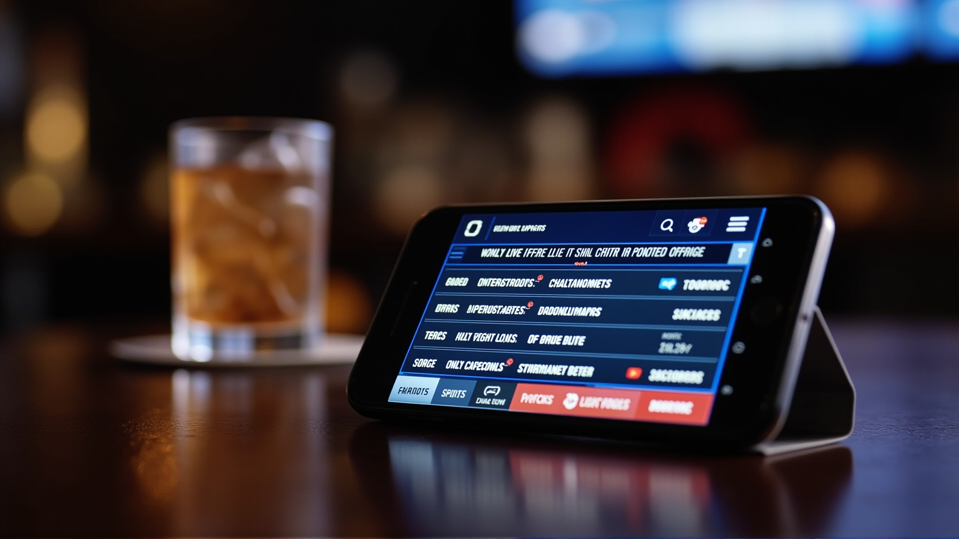 A sports betting app on a phone screen showing live tournament odds, the phone resting on a bar counter next to a drink, blurred TV showing a game behind