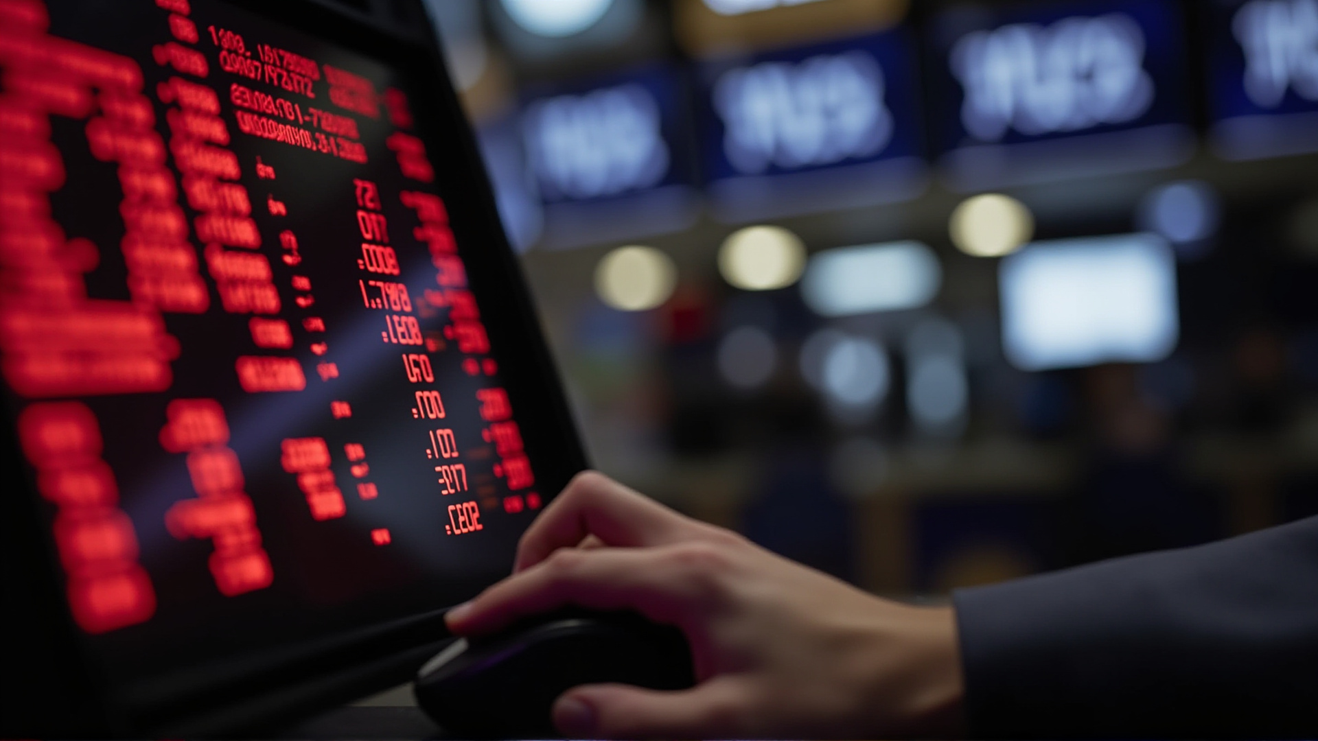 A stock trading terminal showing red numbers, a trader's hand on a mouse, blurred trading floor behind, harsh screen glow