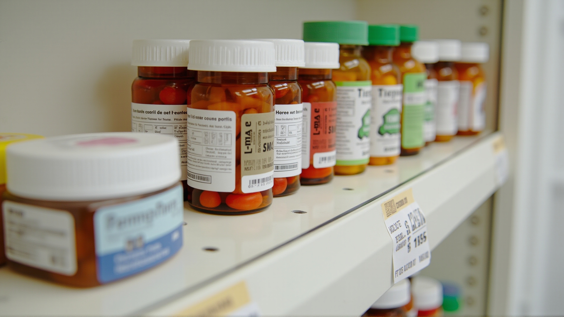 Prescription medication bottles on a pharmacy shelf, price tags visible, clinical white background, healthcare commerce