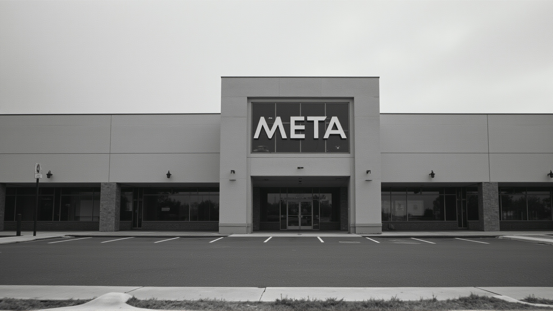 The Meta headquarters entrance sign, overcast sky, empty parking spaces in front, corporate minimalism
