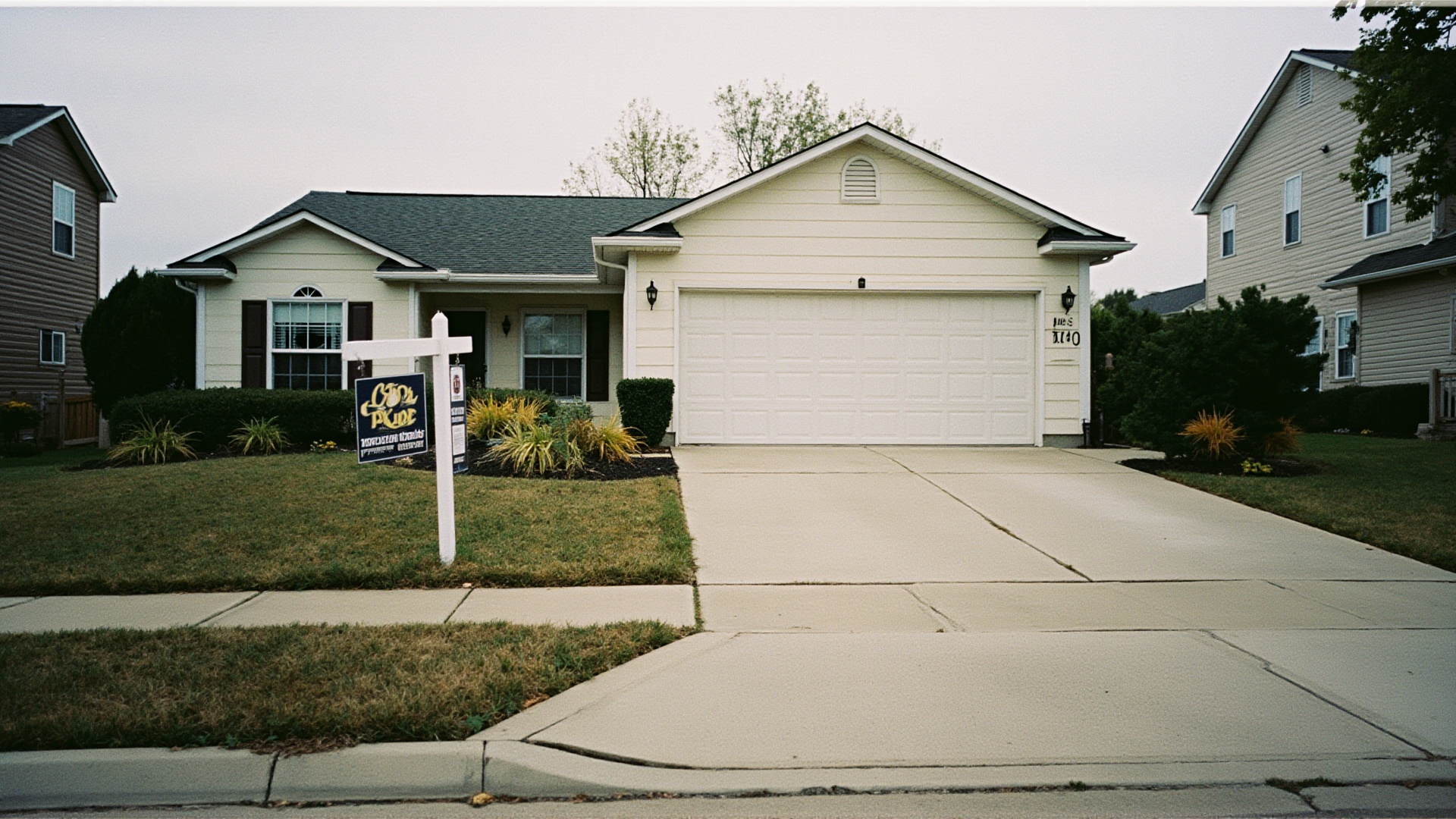 A suburban house with a 'For Sale' sign in the yard, overcast sky, empty driveway, middle-class neighborhood