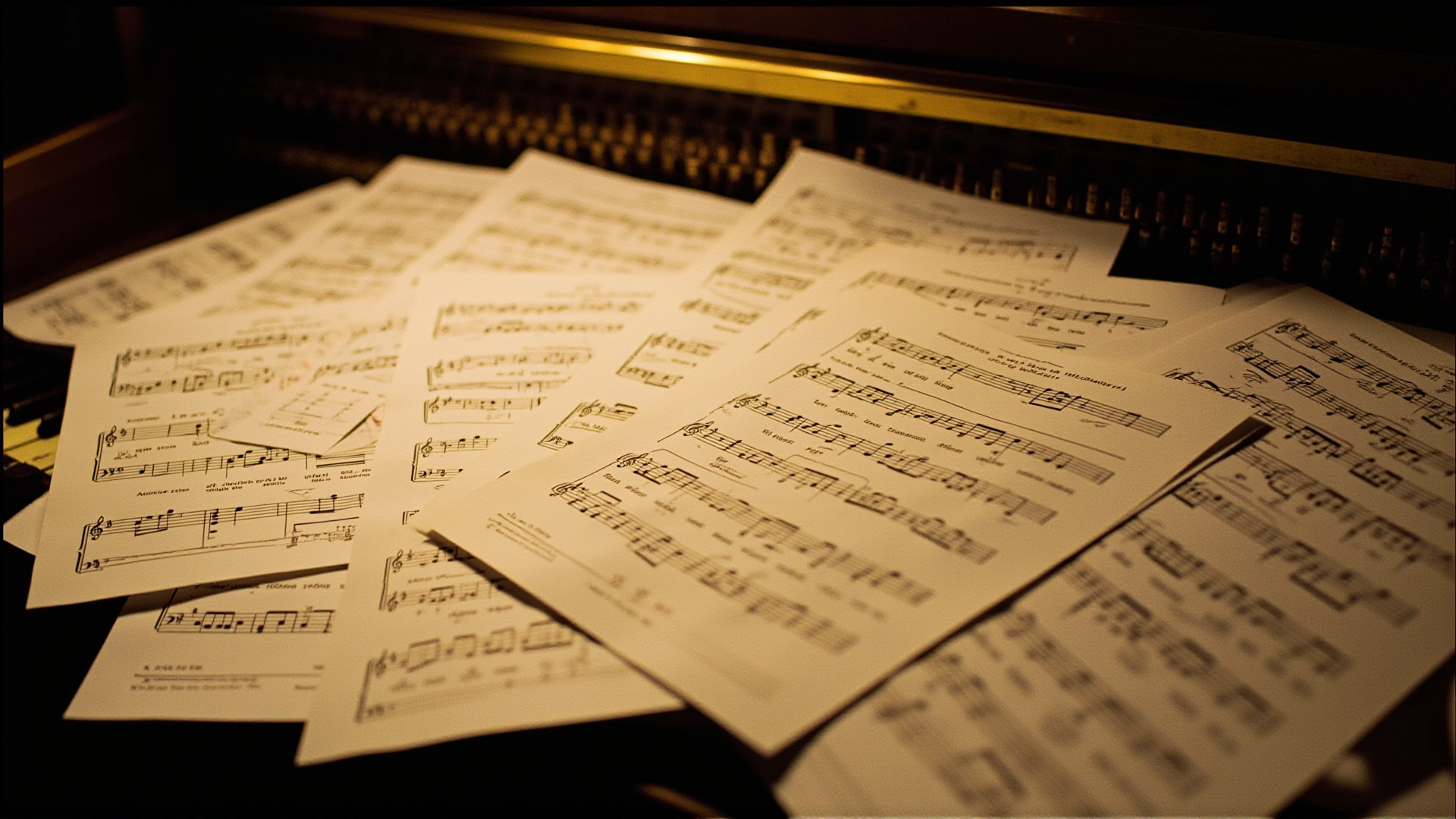 Sheet music pages scattered on a piano, musical notes visible, warm studio light