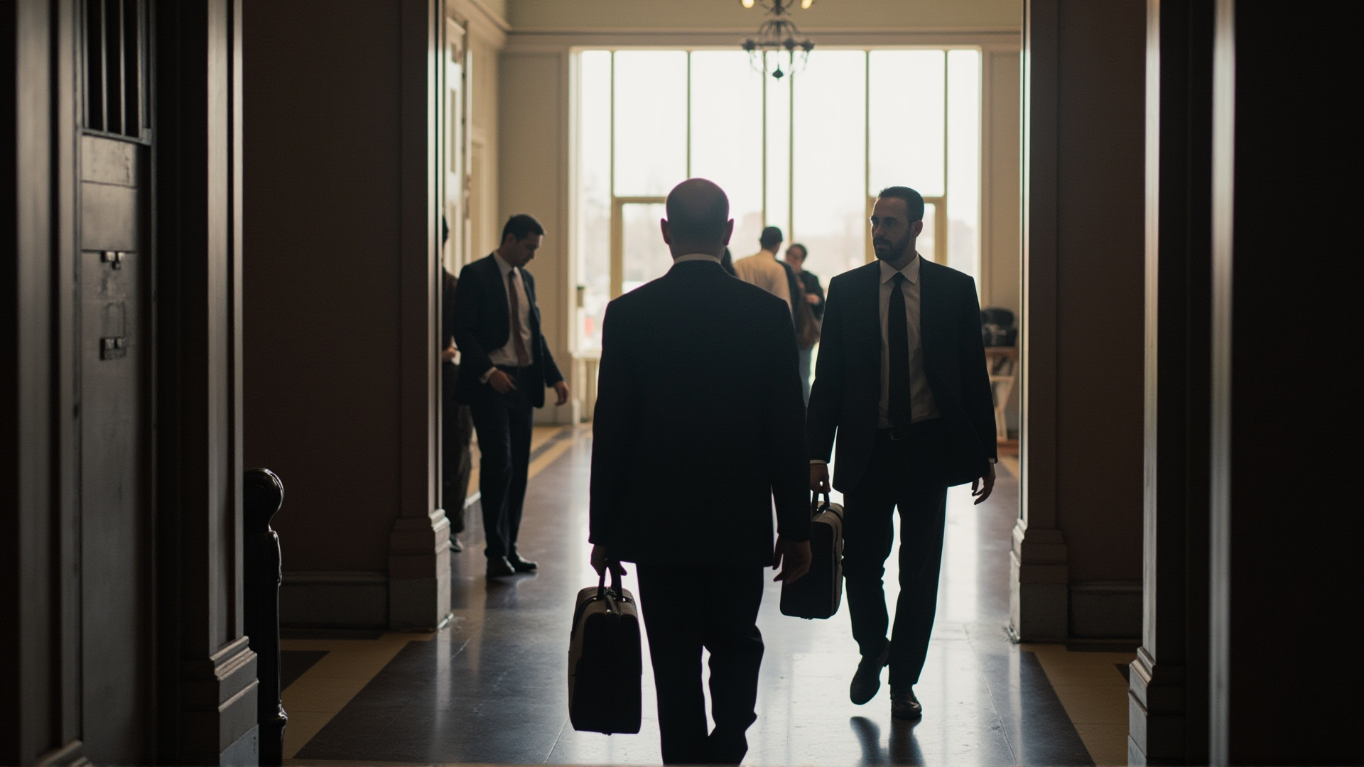 A courthouse hallway, attorneys walking with briefcases, natural light from high windows, institutional architecture