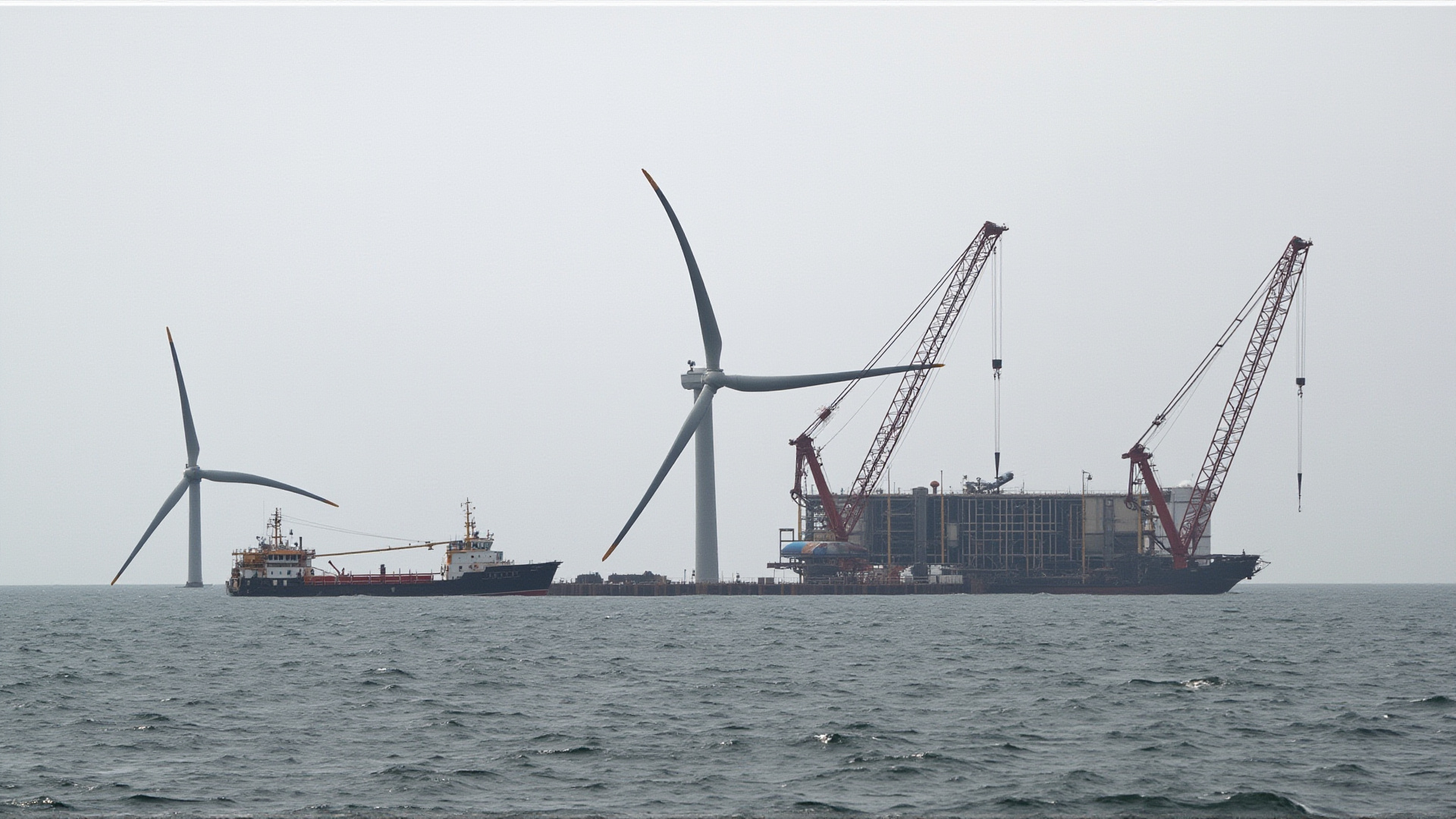 Offshore wind turbines under construction, a supply vessel alongside, North Sea grey water, crane operations visible