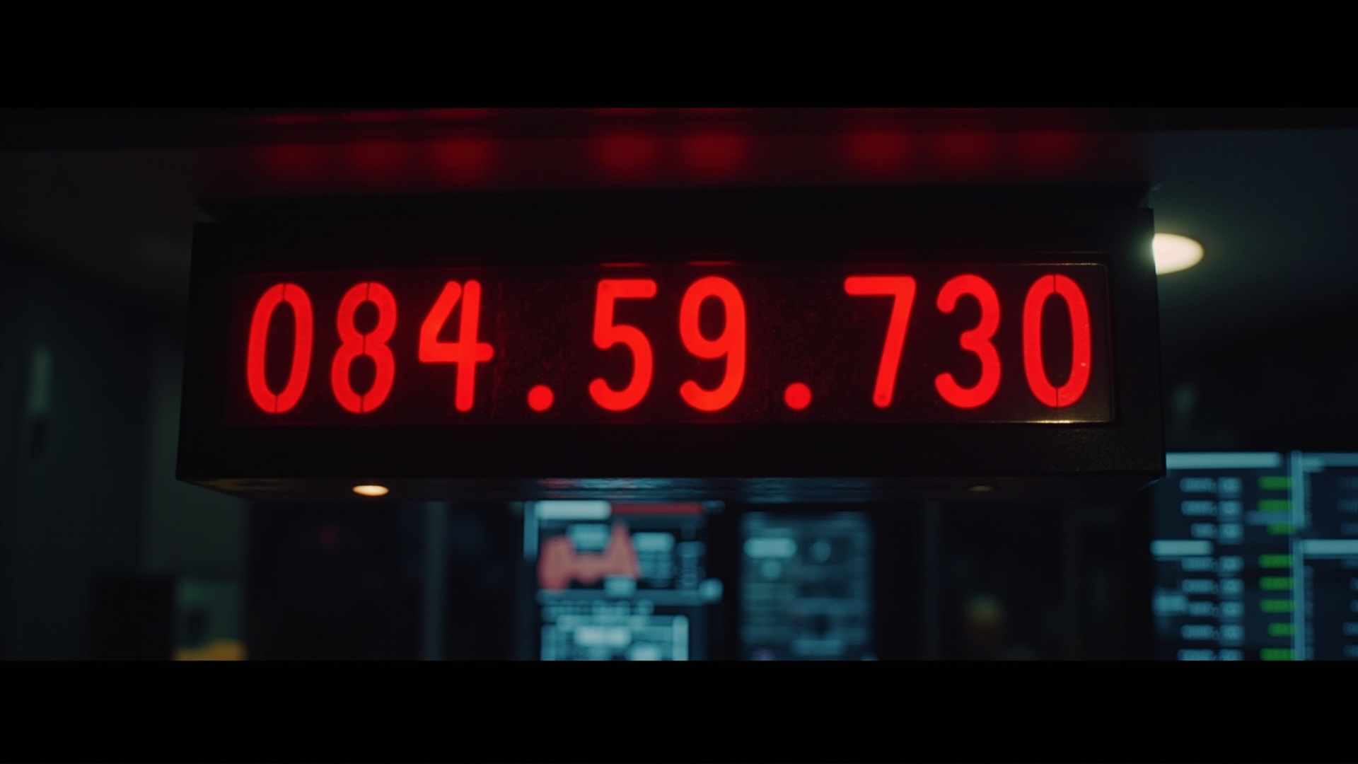 An oil price ticker screen showing red numbers, trading terminal environment, dark room with screen glow