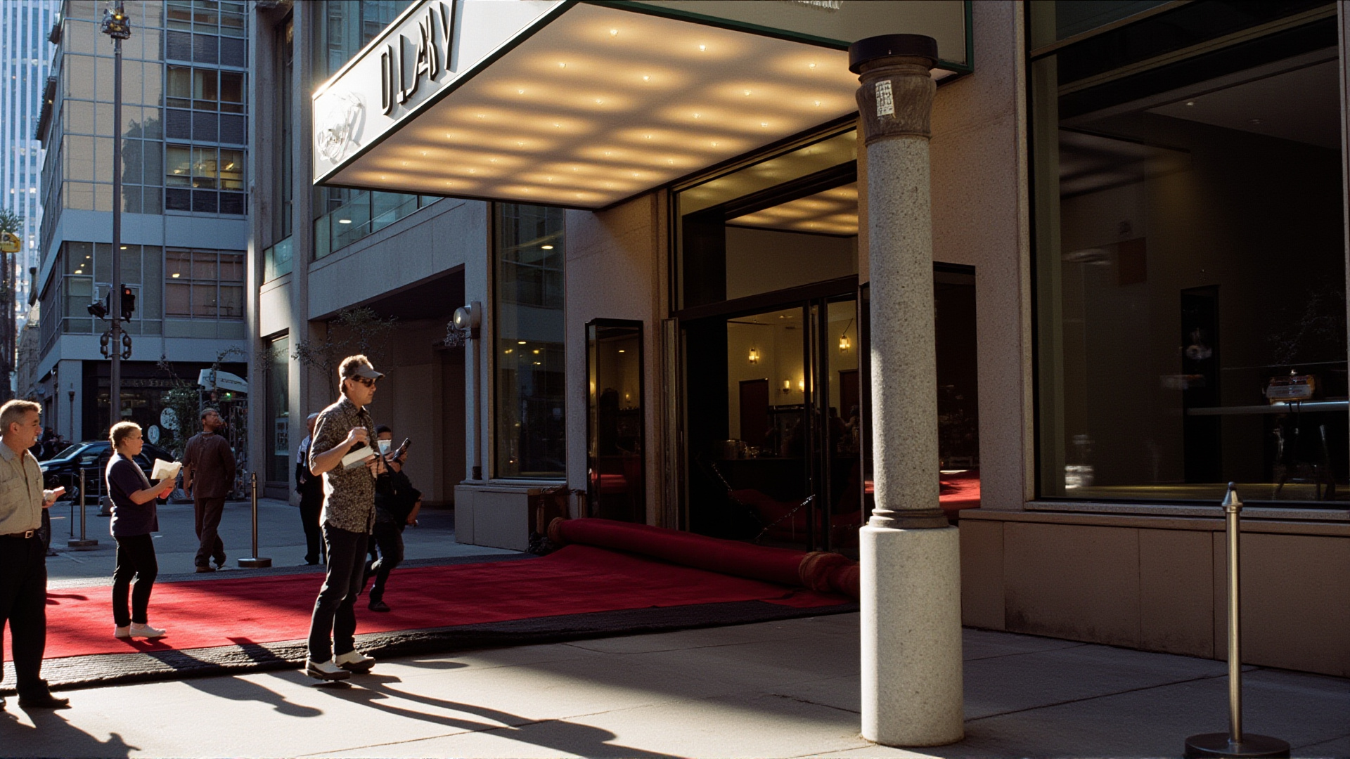 The Dolby Theatre entrance on Hollywood Boulevard, red carpet being rolled up, workers in the background, morning light, no crowds