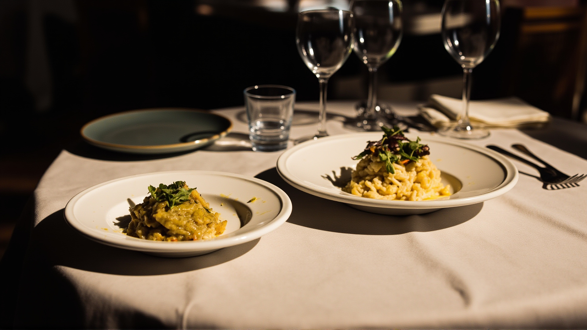 A restaurant table with a smaller-portioned dish elegantly plated, alongside a regular-sized dish, side-by-side comparison, warm dining atmosphere