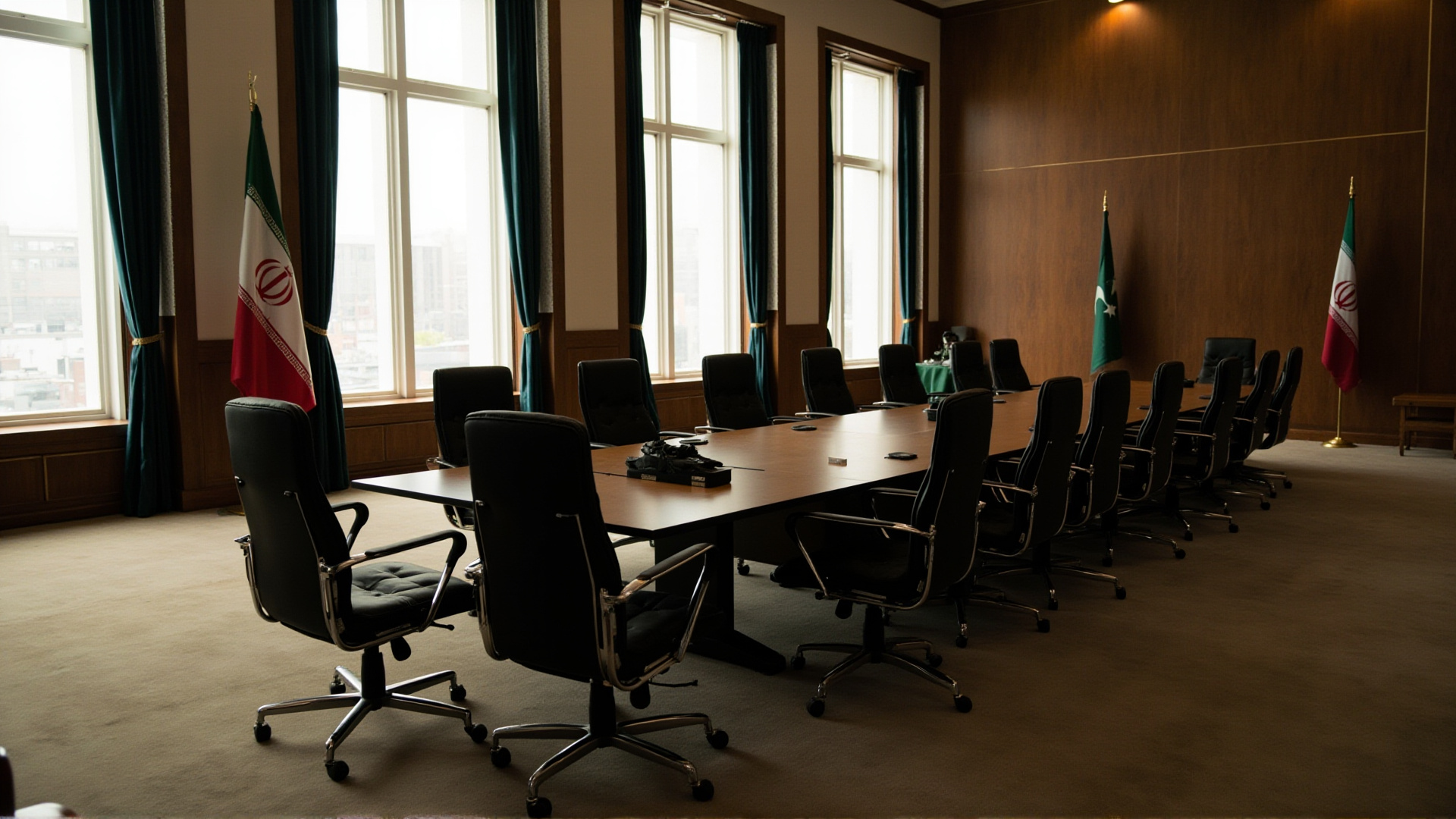 A diplomatic meeting room with empty chairs around a conference table, flags of Pakistan and Iran, natural light through tall windows