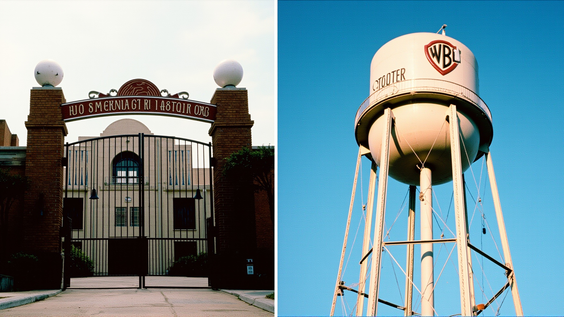 The Paramount studio gate and the Warner Bros. water tower side by side in a composite image, both slightly worn, entertainment industry legacy