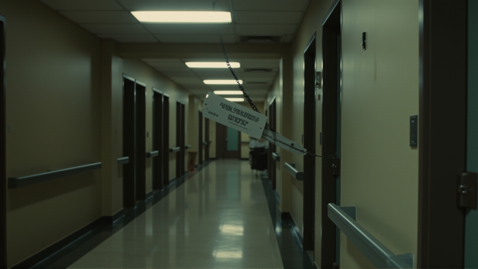 An empty institutional hallway, closed doors on both sides, overhead fluorescent lights, a 'No Access Without Escort' sign on a chain, government building atmosphere