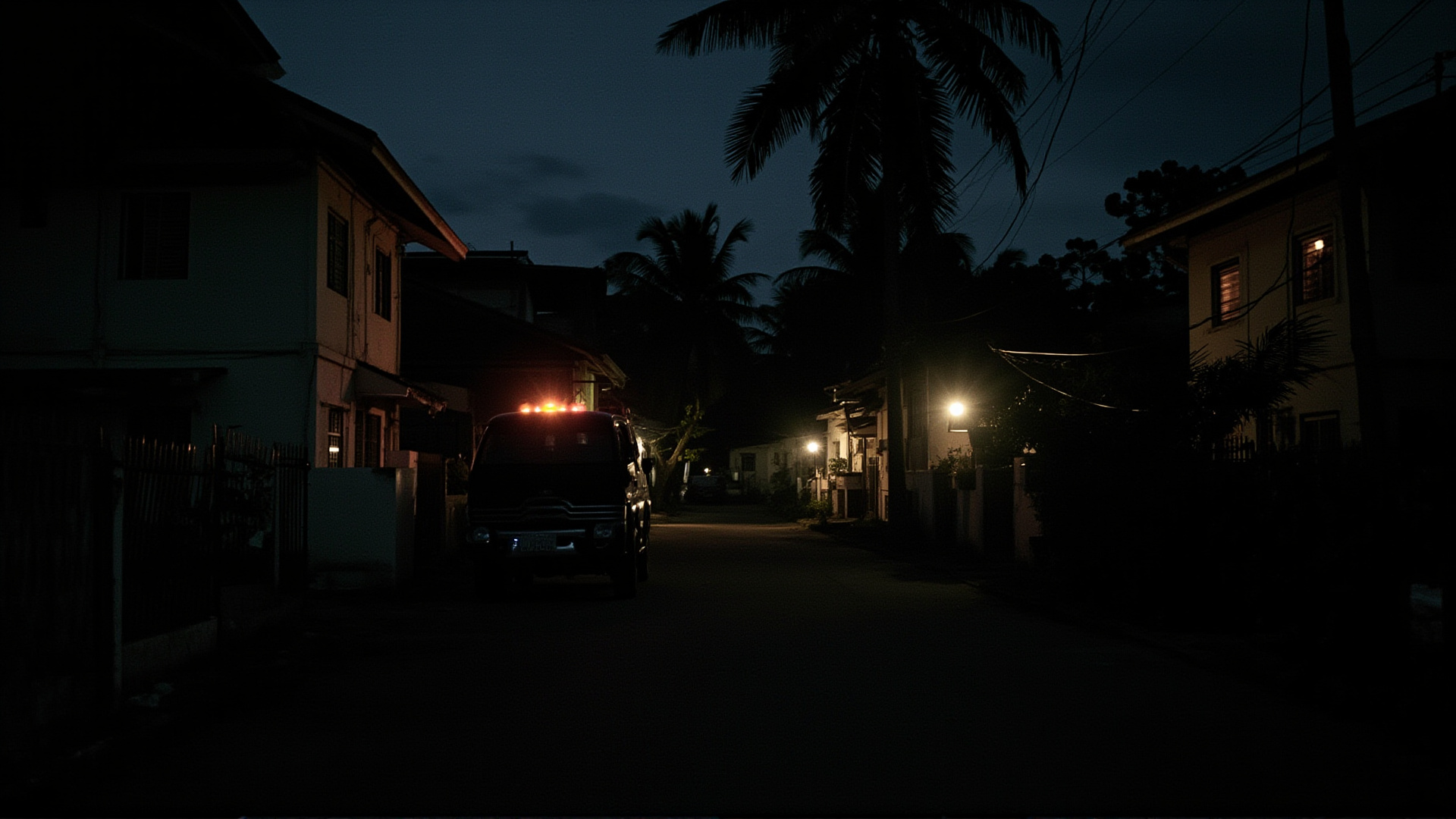 A Manila neighborhood at dusk with scattered candlelight in windows, dark streetlights, a utility truck parked with its lights on, humid tropical atmosphere