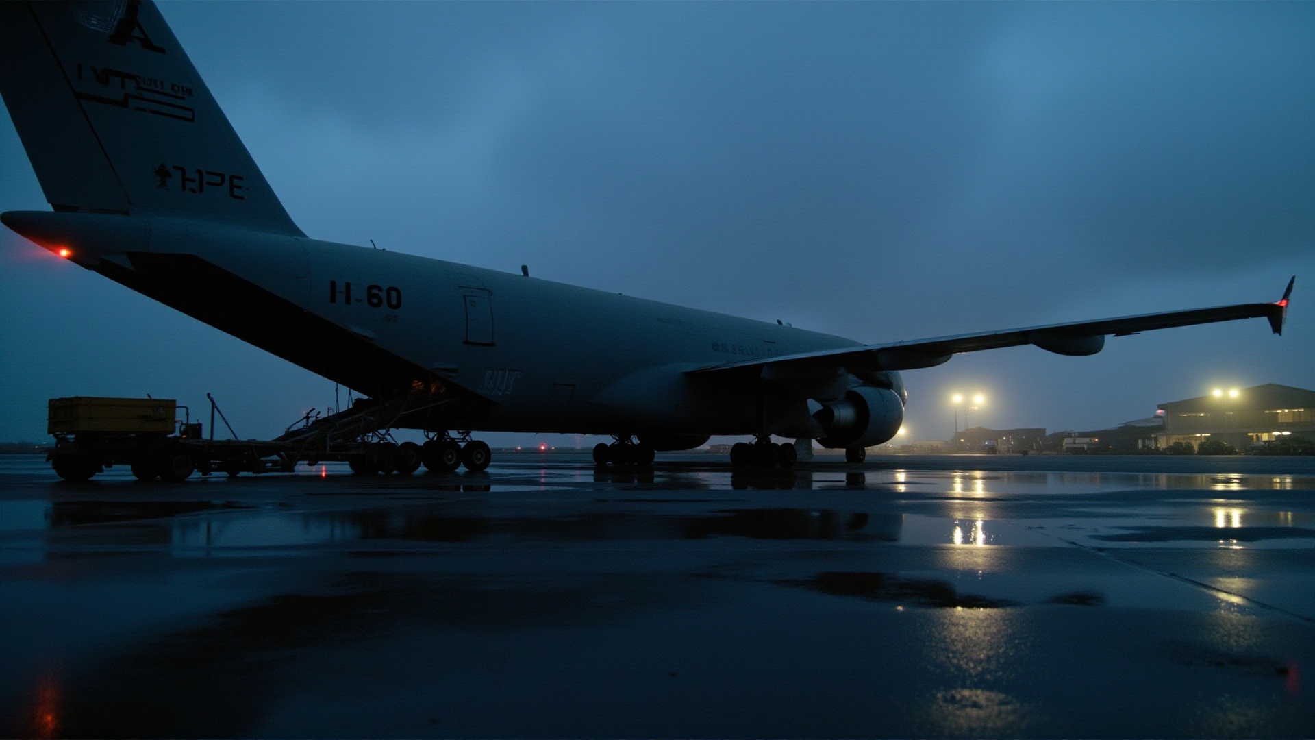 A military cargo plane on a rain-slicked tarmac at dusk, loading ramp down, crates partially visible, no insignia, surveillance camera aesthetic