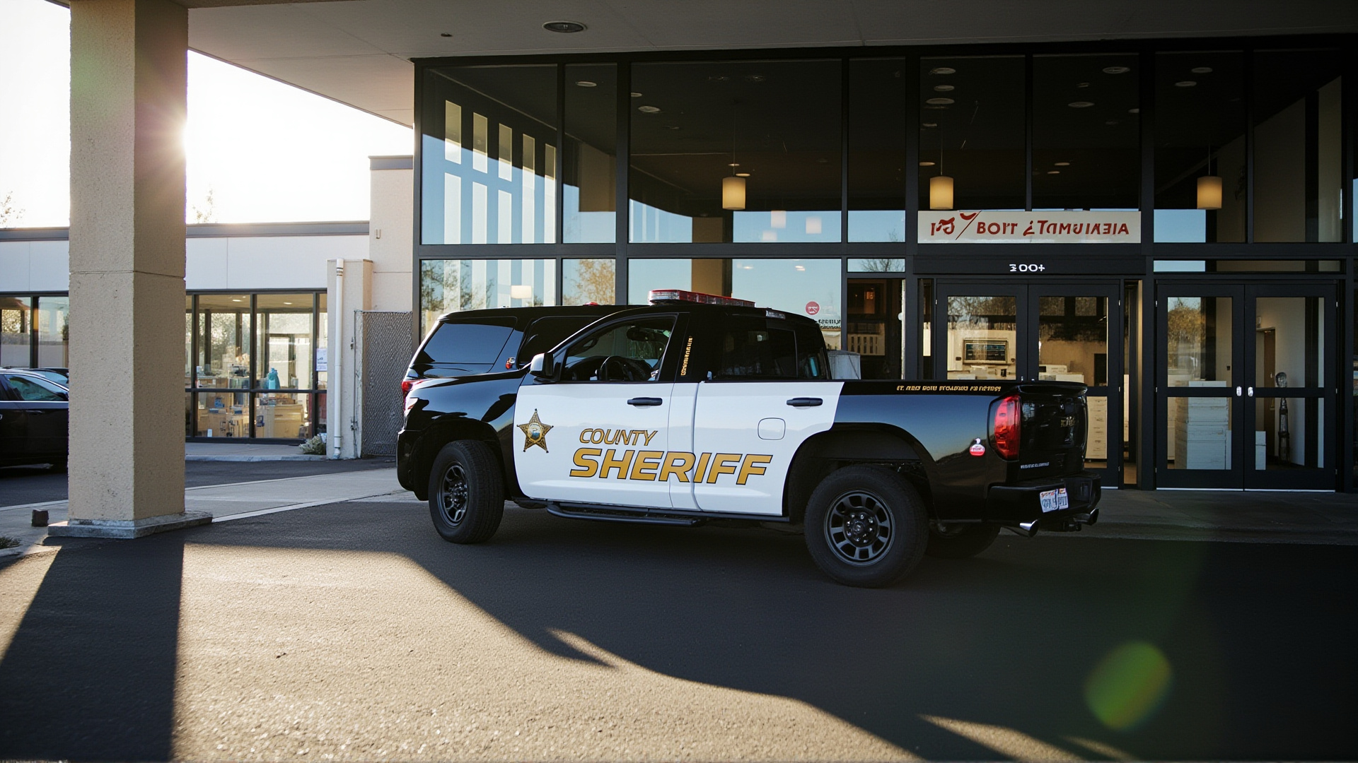 A sheriff's department vehicle parked outside a county elections office, ballot boxes visible through the building's glass doors, California sunshine