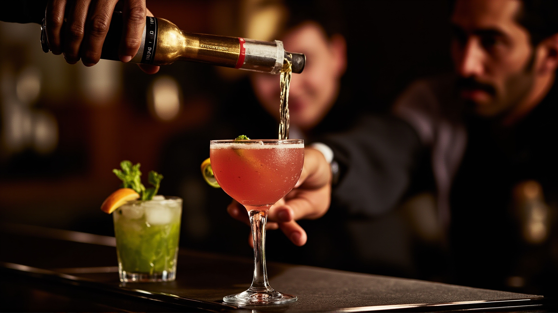 A cocktail bar scene with a mocktail being served in an elegant glass, warm ambient lighting, social atmosphere, no obvious alcohol branding