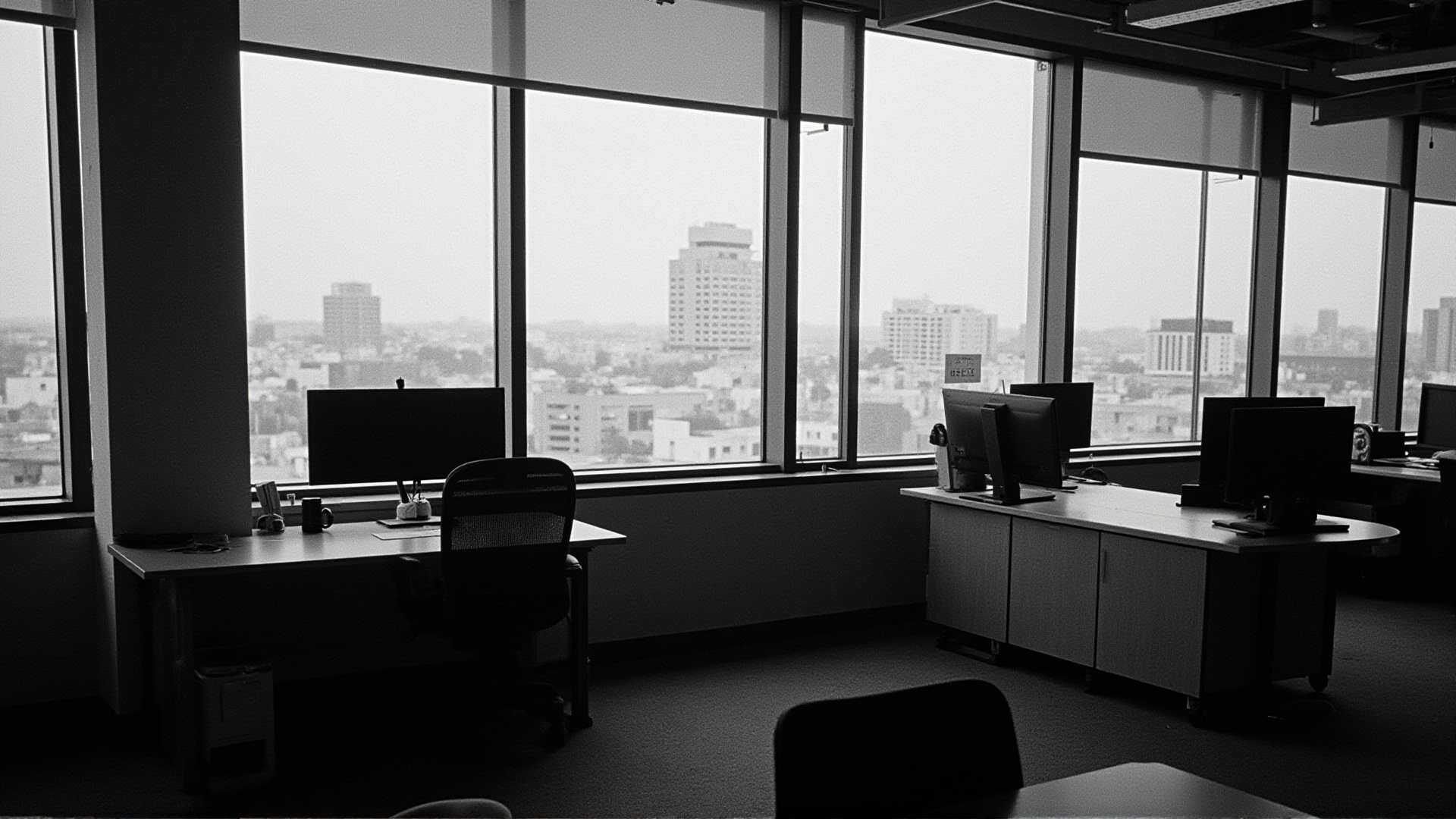 An empty startup office space with desks and monitors but no people, a 'For Lease' sign in the window, San Francisco skyline visible