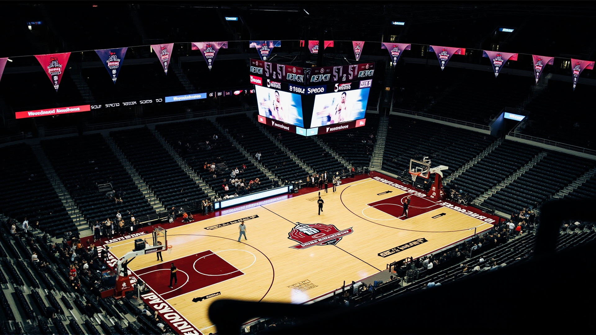 A basketball arena before tip-off, court freshly polished, tournament banners hanging, empty seats about to fill, anticipation