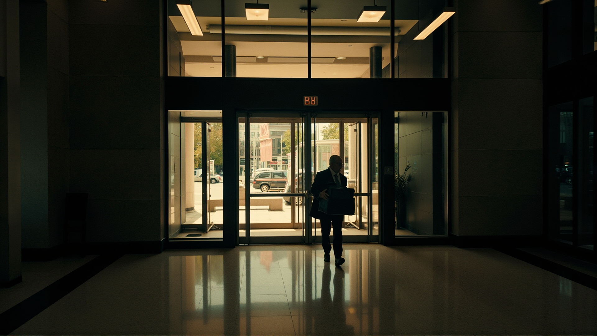 A corporate office building lobby with a departing employee carrying a box, glass doors reflecting city lights, end-of-day atmosphere
